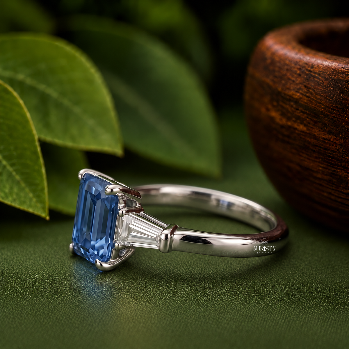 Lab Grown in Diamond Blue Emerald Cut Ring Three Stone Silver Engagement Band