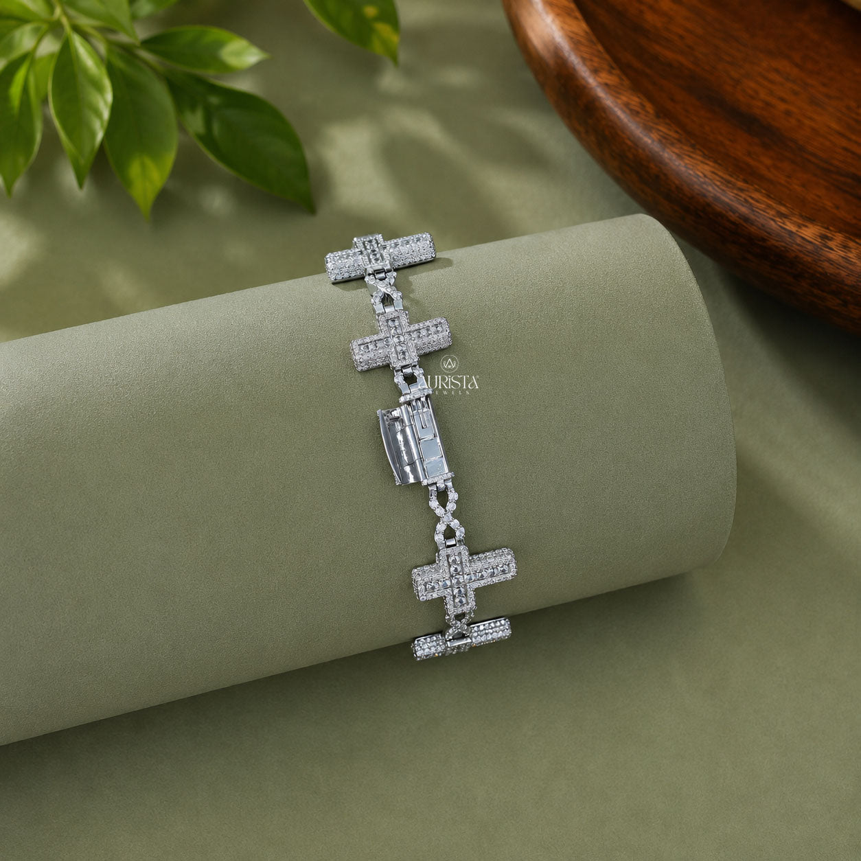 Iced Out Moissanite Multi Cross Link Hip Hop Bracelet In Sterling For Men