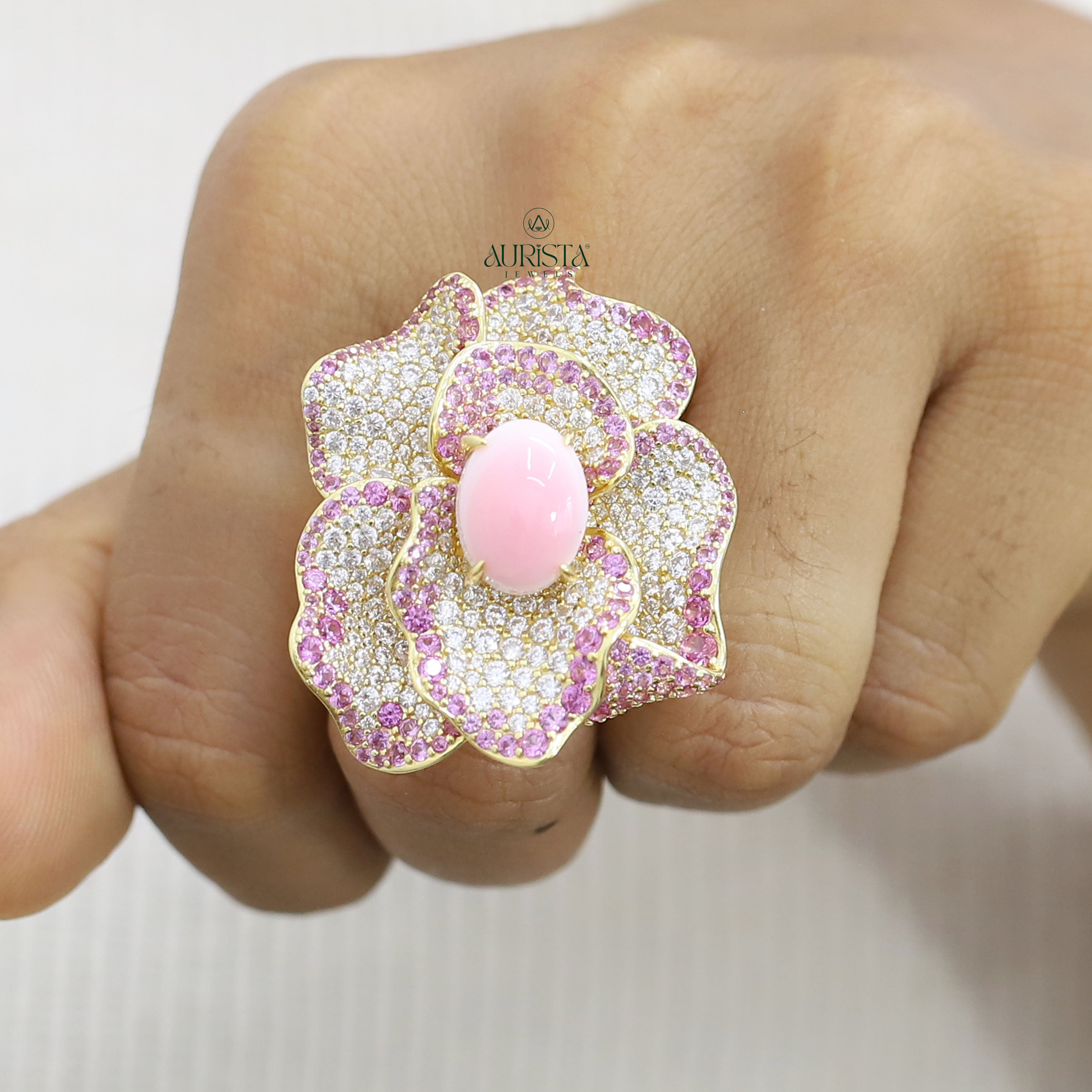 Luxury Flower Moissanite Ring - Pink Gemstone & Sparkling Petals Cocktail Ring