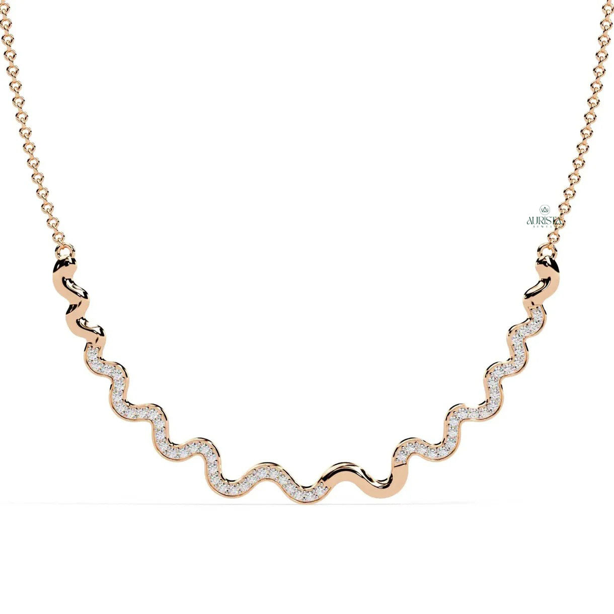 Gold Wave Necklace Lab Grown Diamond Zigzag Minimalist Statement Dainty Chain Jewelry