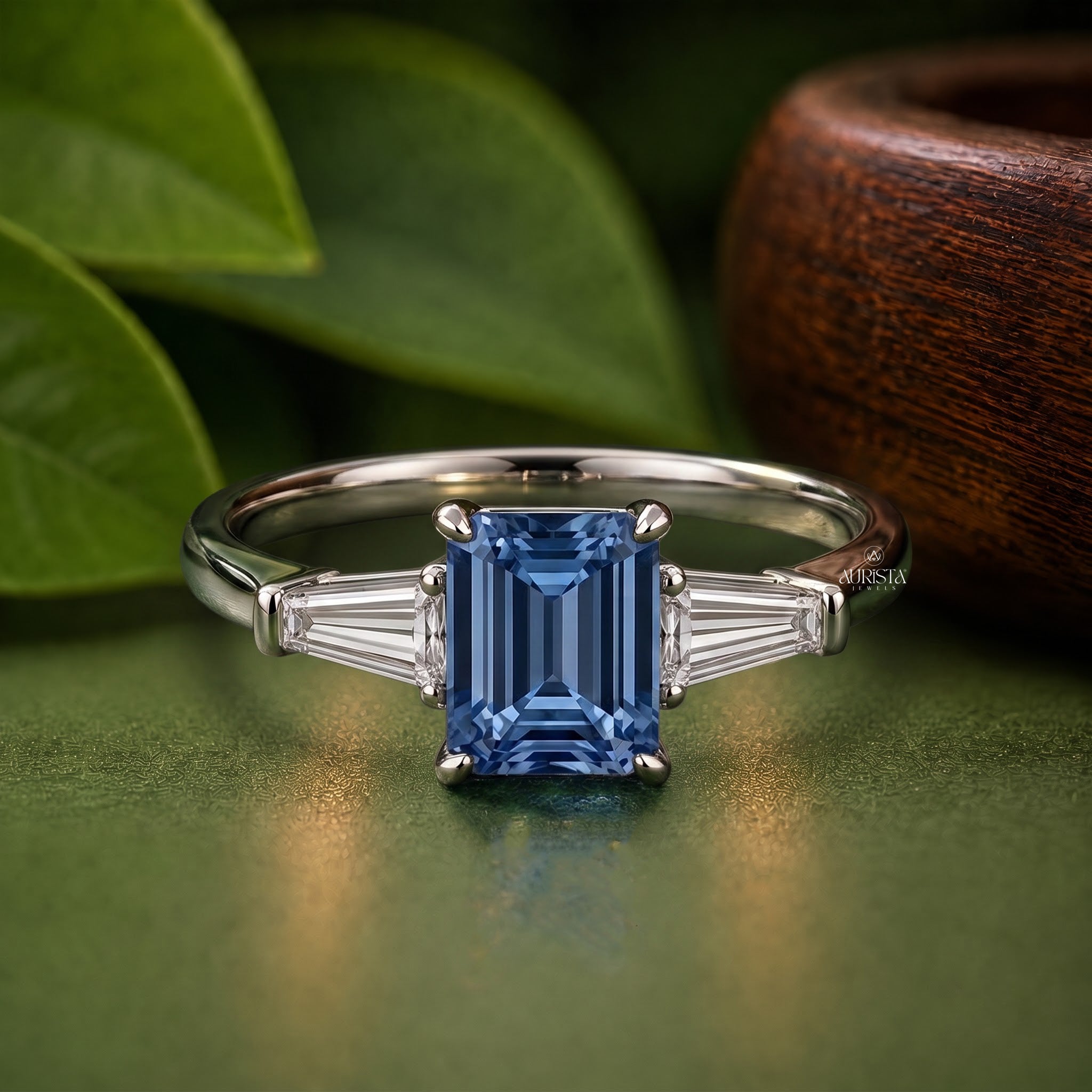 Lab Grown in Diamond Blue Emerald Cut Ring Three Stone Silver Engagement Band