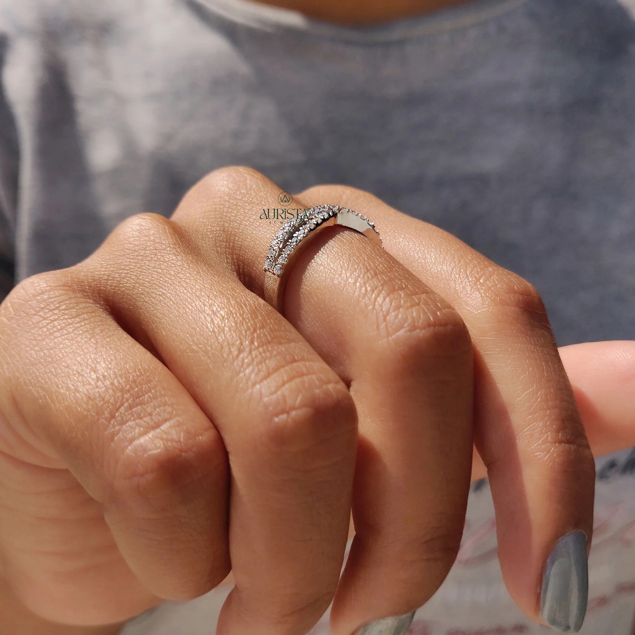 Moissanite and Diamond Crisscross Pave Wedding Band in Polished White Gold Finish