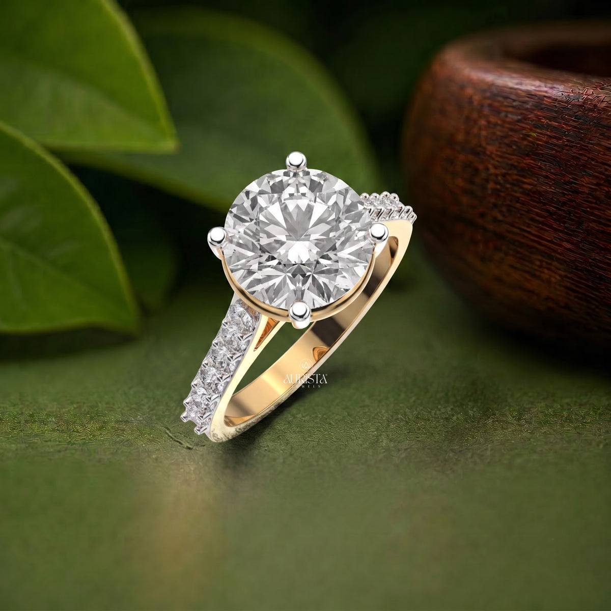 Round Lab Grown Diamond Ring, Two-Tone Gold Engagement Ring With Pave Accents