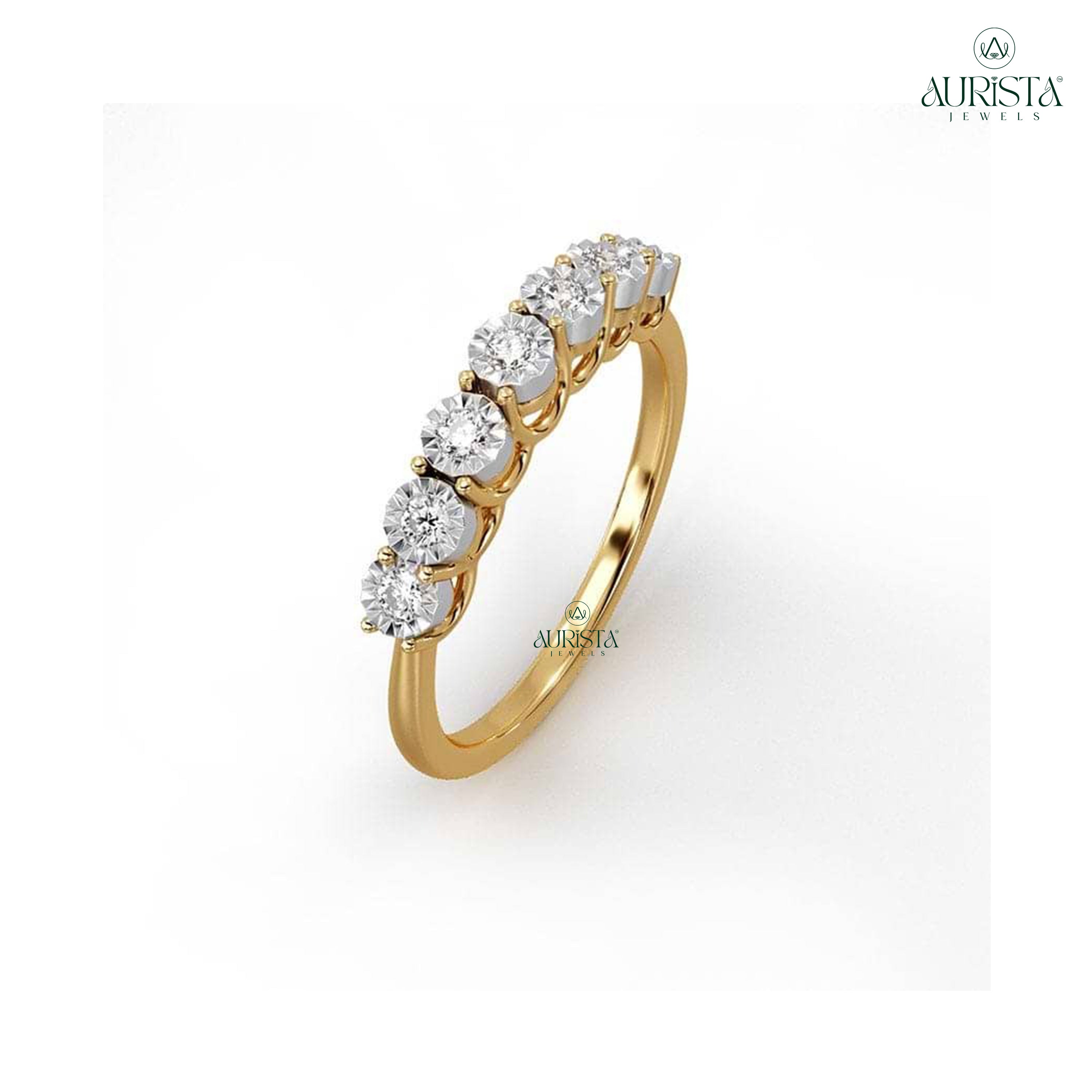Round Moissanite Diamond Seven Stone Half Eternity Band In Solid  Yellow Gold Anniversary