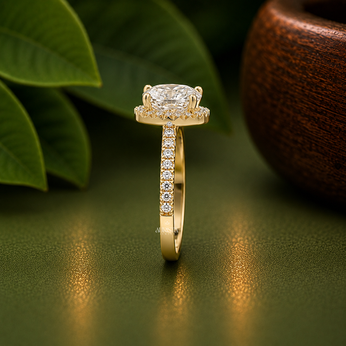 2.00 Ct Cushion Moissanite Diamond Ring, Halo Yellow Gold Band With Round Side Stones