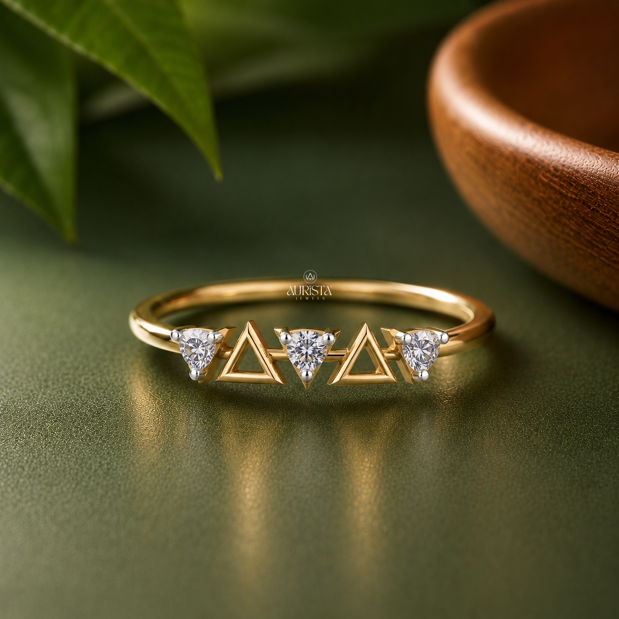 Lab Grown Diamond Gold Triangle Ring Geometric Band Three Stone Stacking Ring Chic