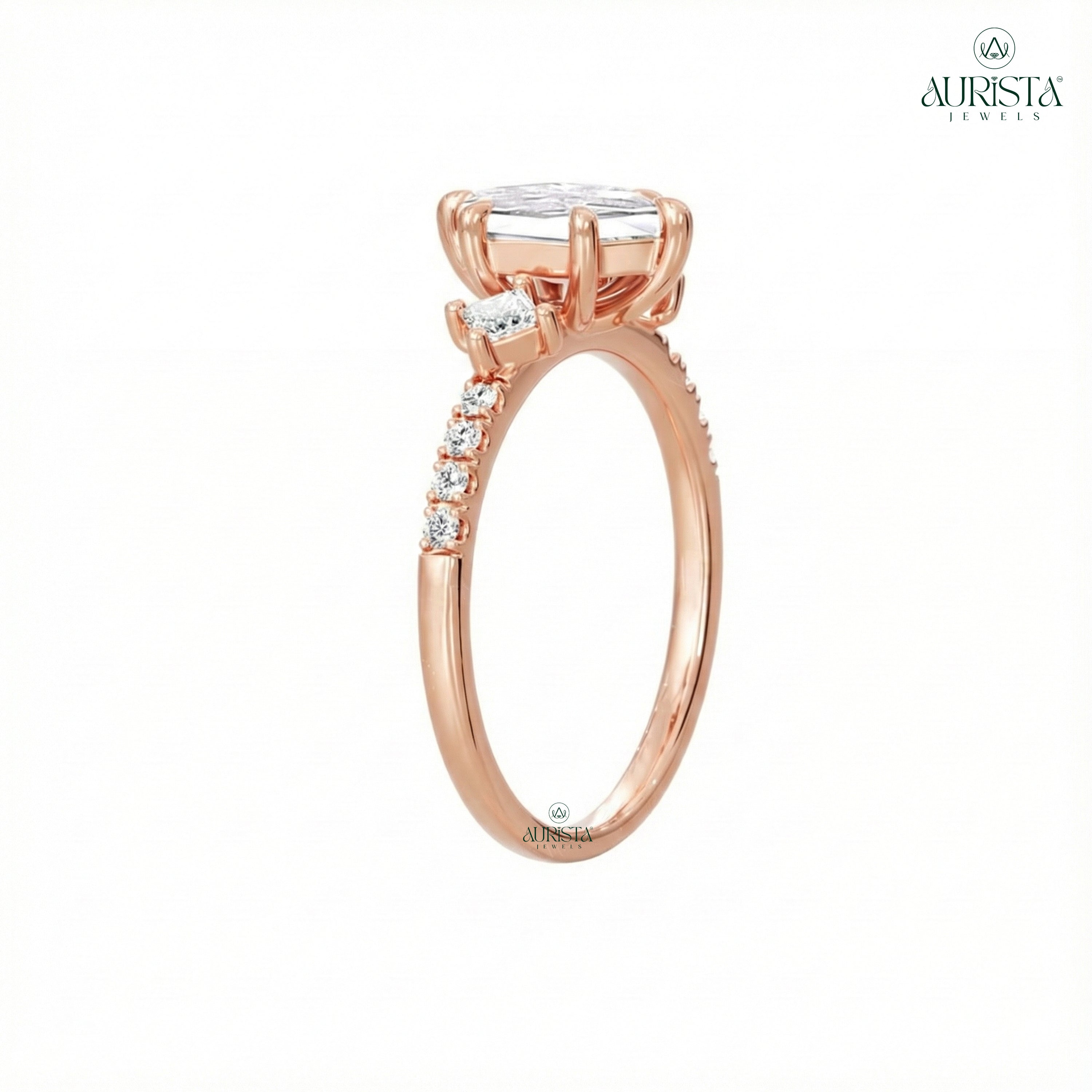 Hexagon Moissanite Diamond Ring, Rose Gold Three Stone Ring With Princess Side Stones