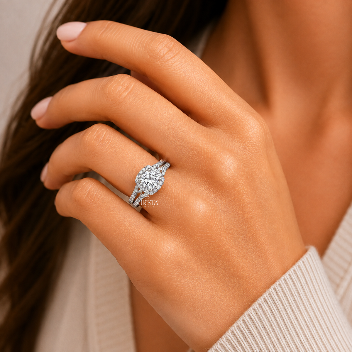 Round Lab Grown Diamond Ring Set, Cushion Halo Split Shank White Gold Side Stones
