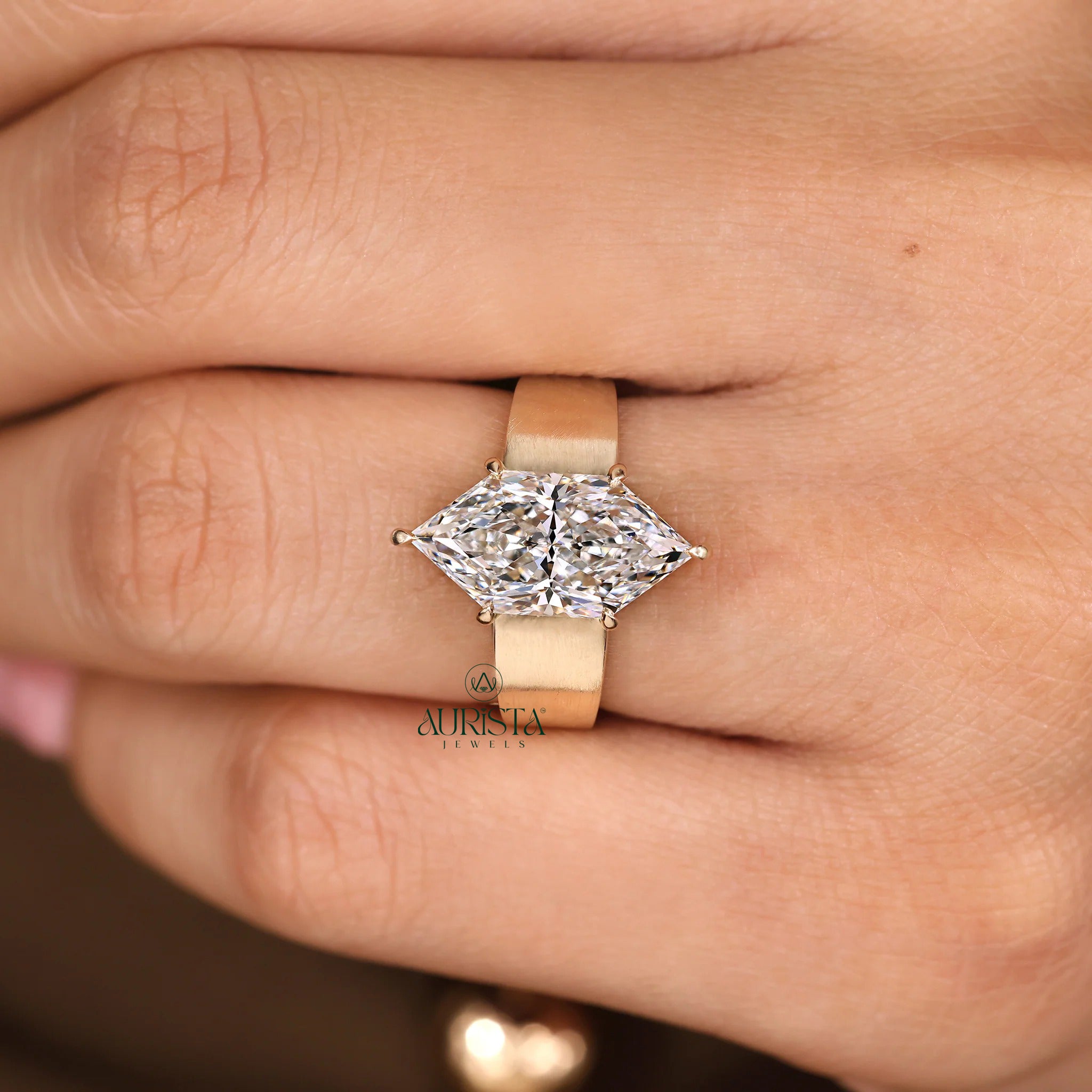 Dutch Marquise Cut Diamond Ring with Wide Brushed Gold Band