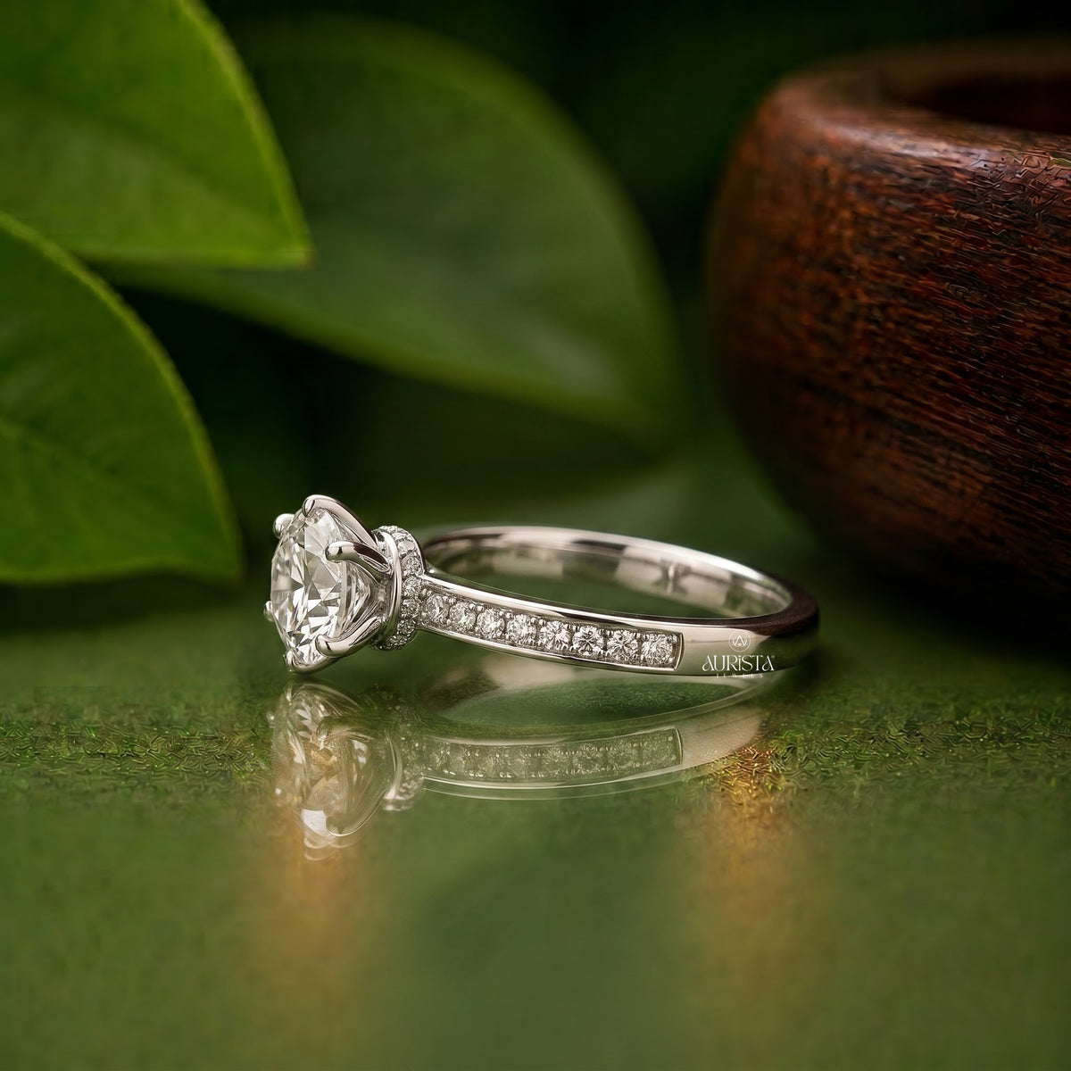 Round Lab Grown Diamond Ring, Solitaire Engagement Ring With Pave Band In White Gold