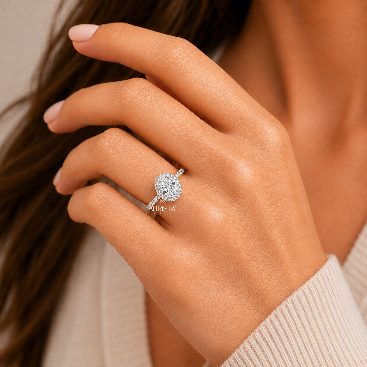 Oval Shape Lab Grown Diamond Ring, Halo Engagement Ring With Pave Band White Gold