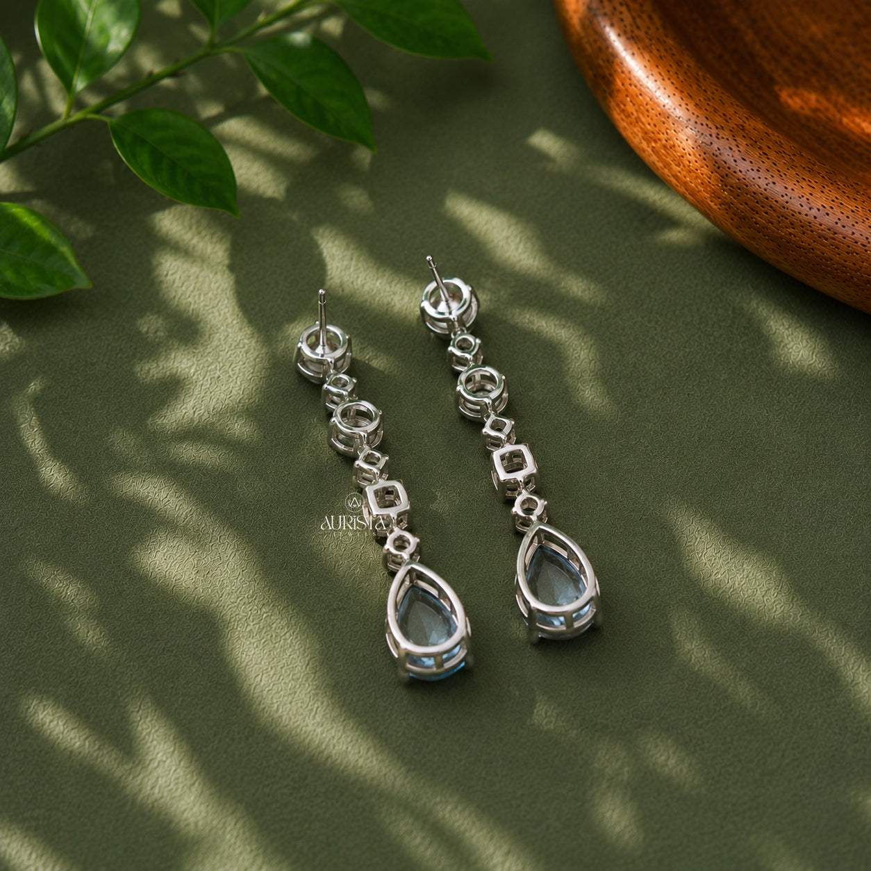 Blue Pear Drop Earrings Dainty Round Moissanite  Cluster Dangle Bridal Jewelry