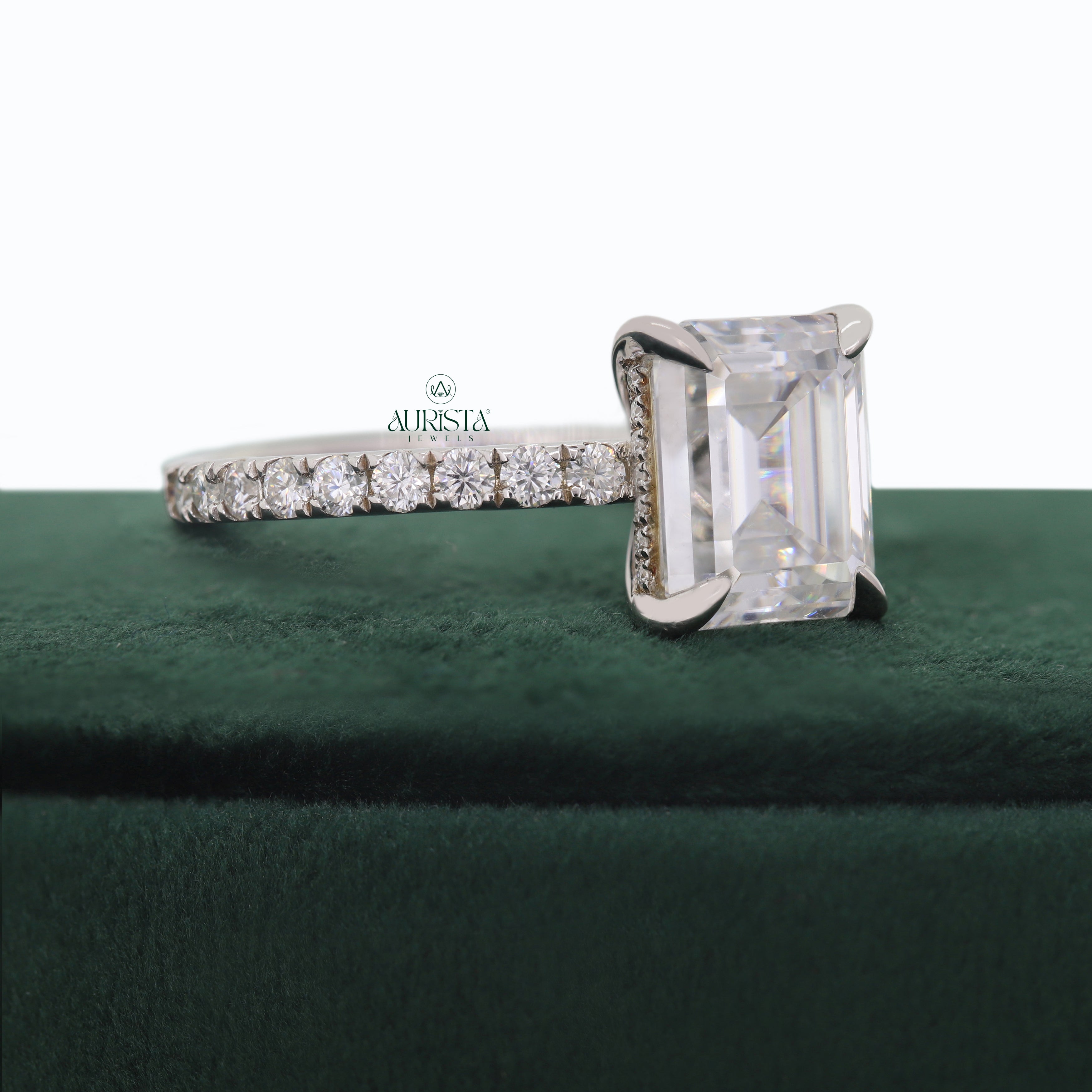 Emerald Cut Lab Grown Diamond Engagement Ring, Pavé Wedding Ring