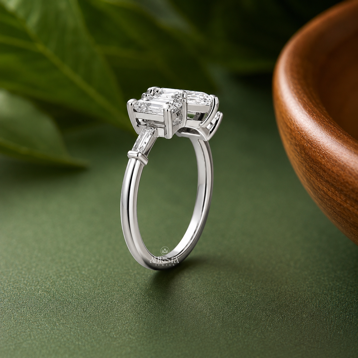 Marquise & Emerald Lab Grown Diamond Ring, Three Stone Engagement Wedding Band Ring