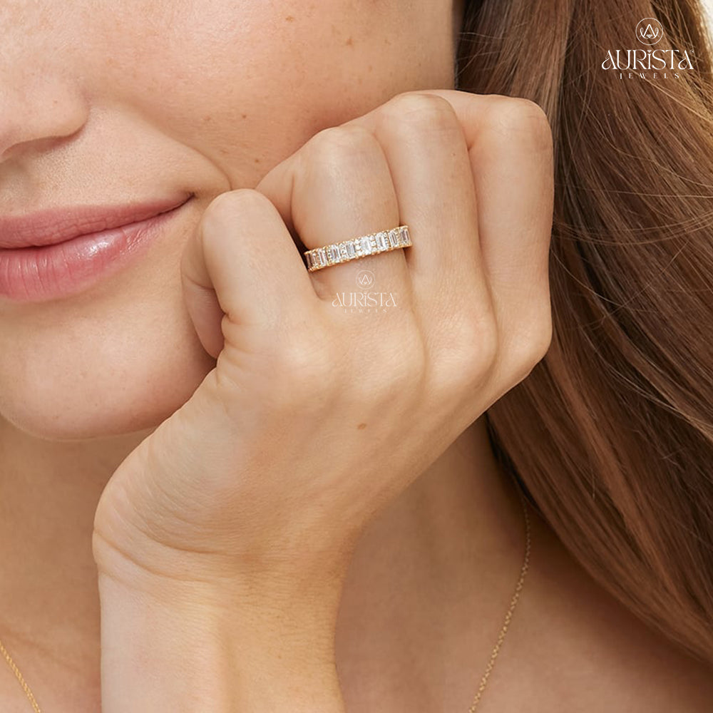 Moissanite Diamond Eternity Band, Emerald Cut & Round Side Stones Yellow Gold Ring