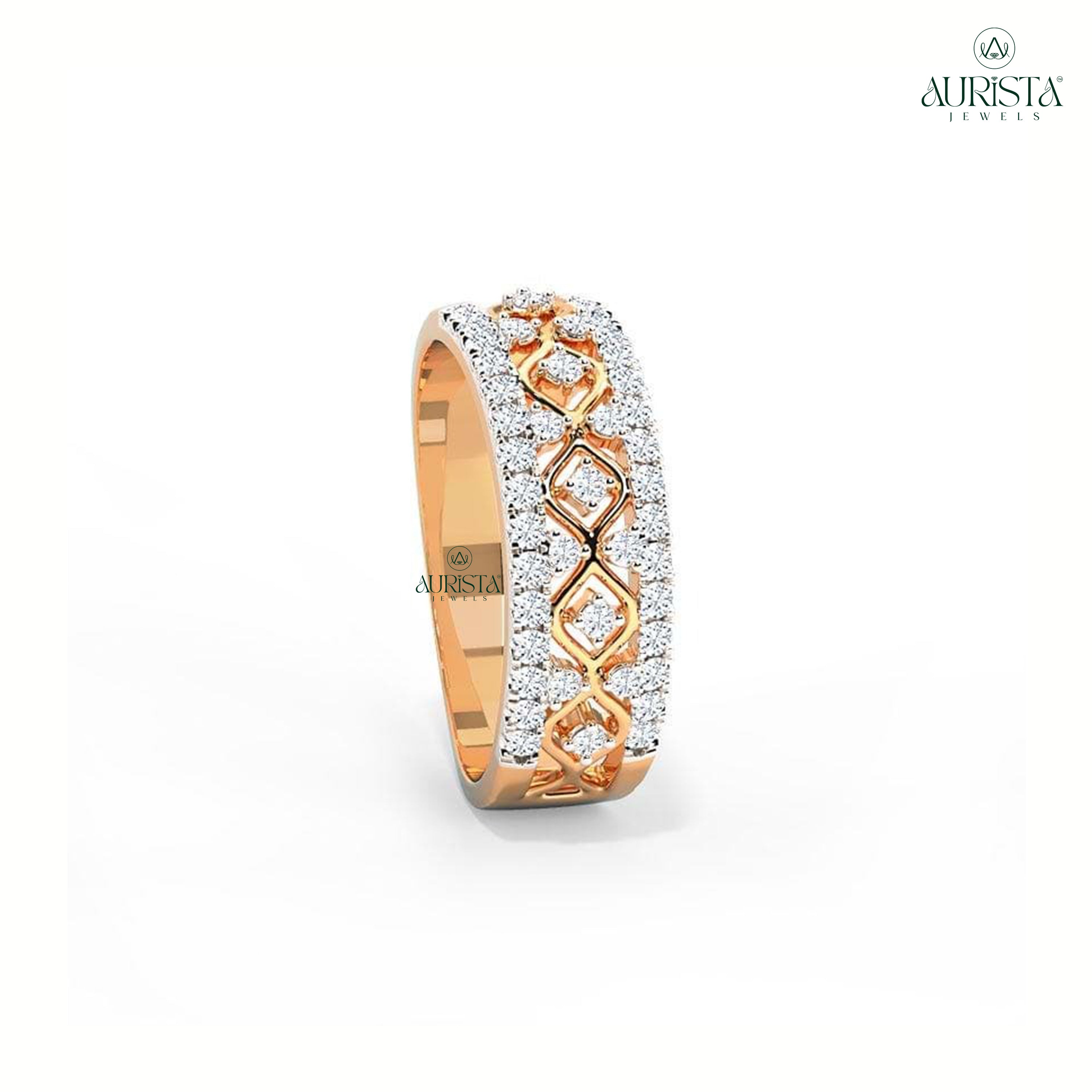 Moissanite Diamond Round Cut Wide Pave Band Geometric Rose Gold Anniversary Ring Gifts