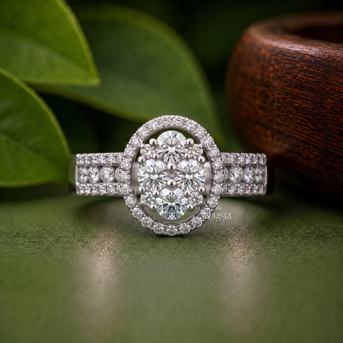 Oval Cluster Diamond Ring,Moissanite Diamond Statement Band In White Gold Pave Set