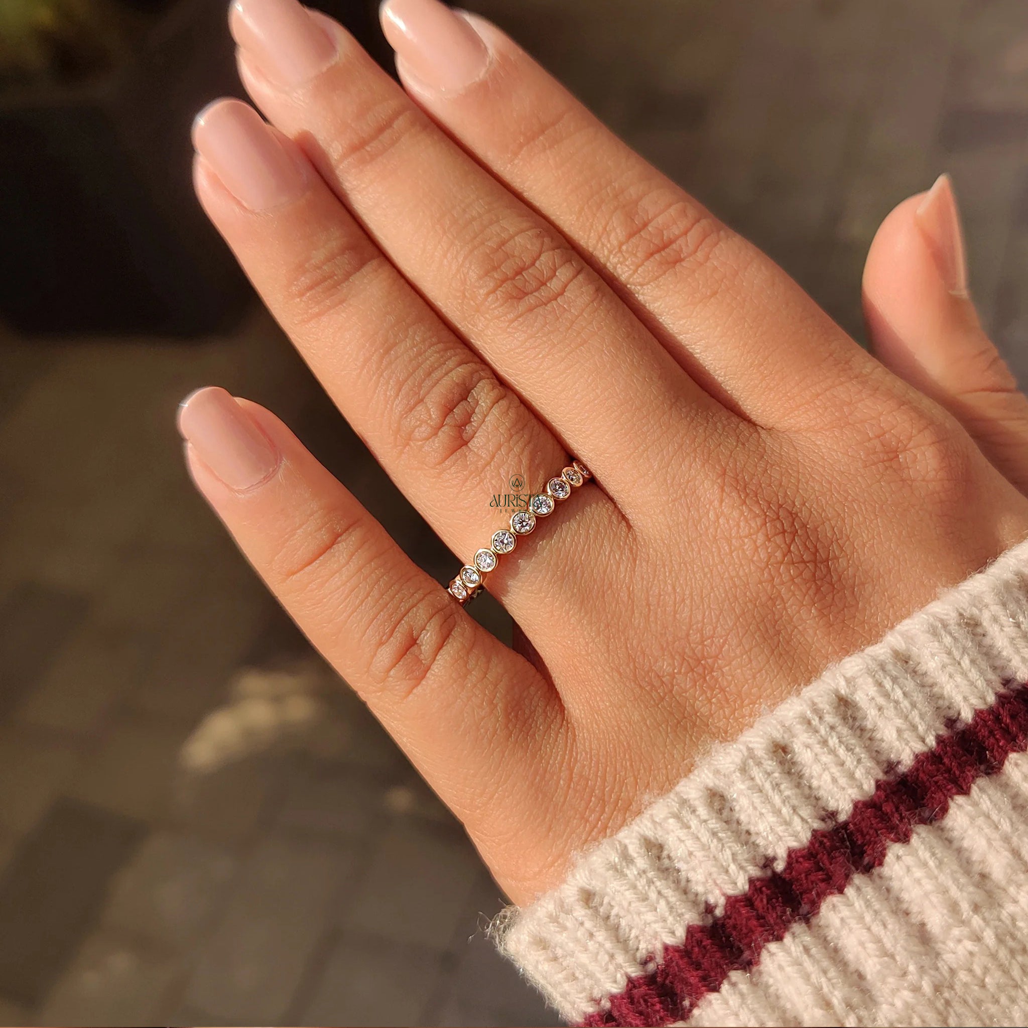Bezel Set Moissanite Diamond Eternity Band, Round Gold Stackable Wedding Ring for Her