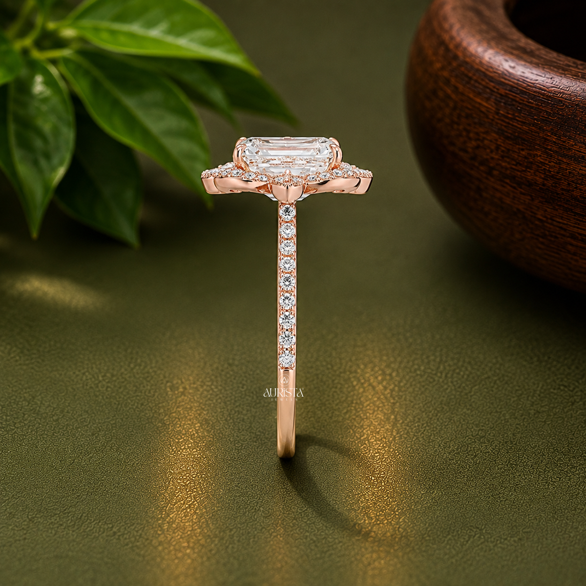 2.00 Ct Emerald Lab Grown Diamond Ring, Vintage Floral Halo Round Side Stones Rose Gold