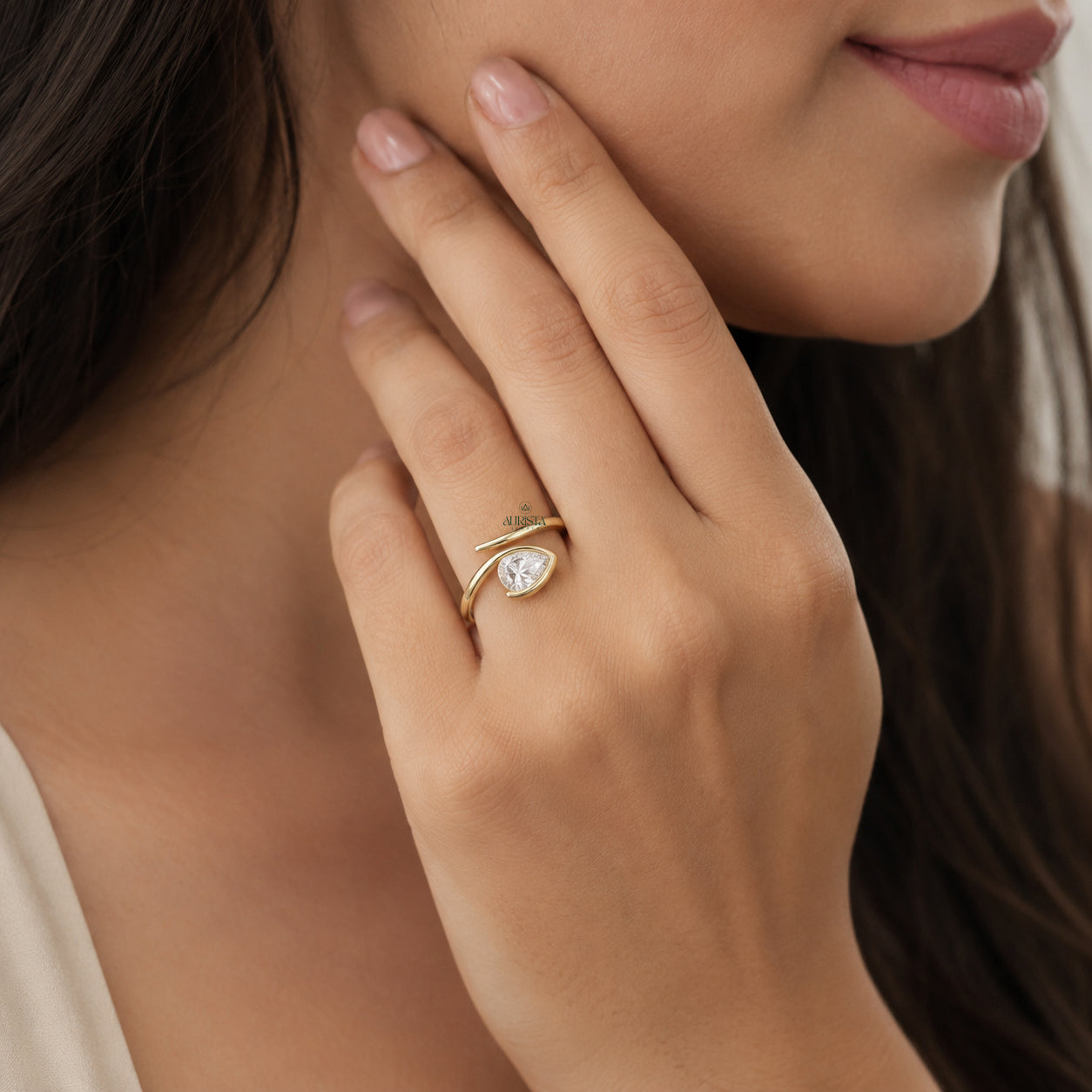 Pear Cut Lab Grown Diamond Bypass Ring,Solitaire Ring Minimalist Engagement Wedding