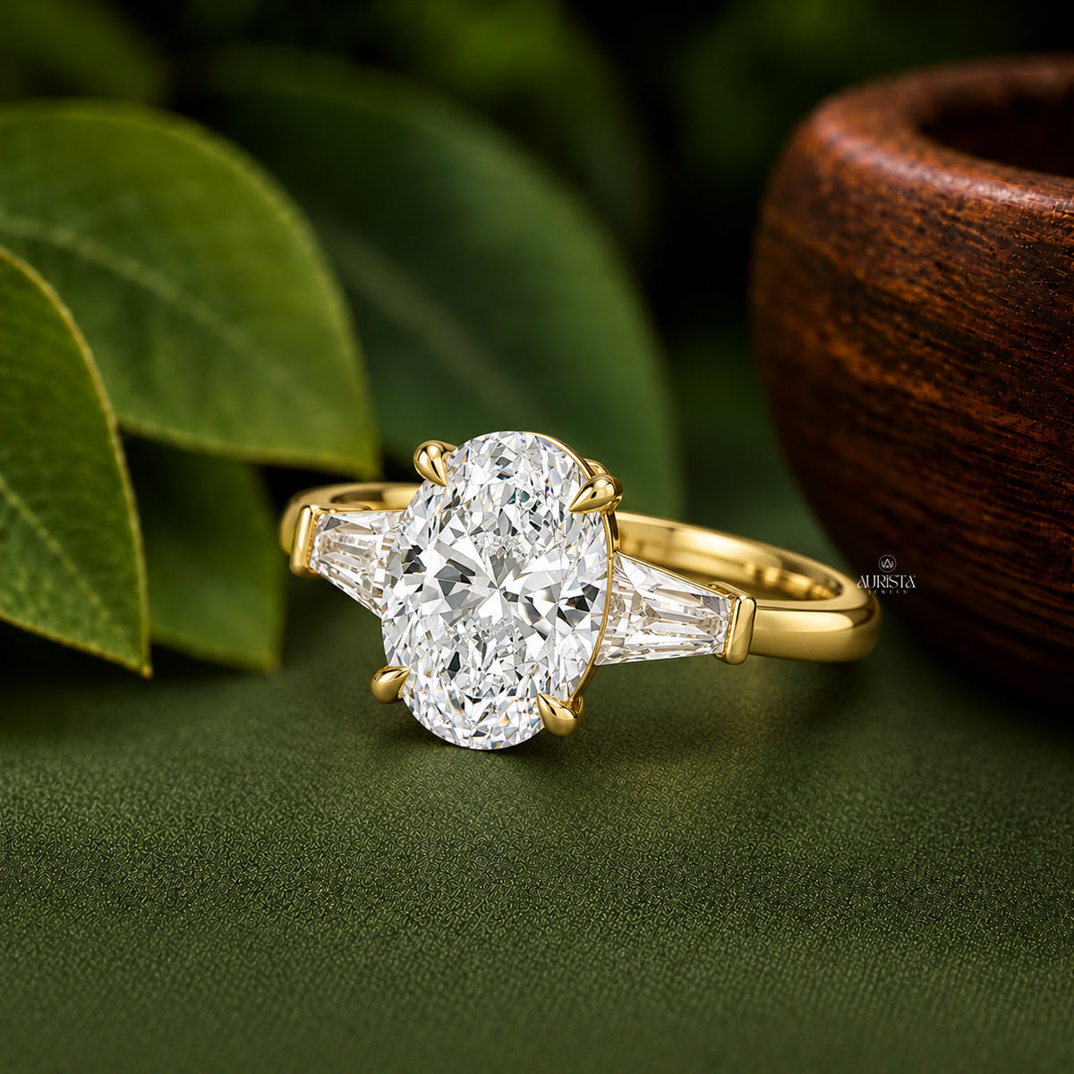 Oval & Tapered Baguette Lab Grown Diamond Ring, Three Stone Anniversary Gift