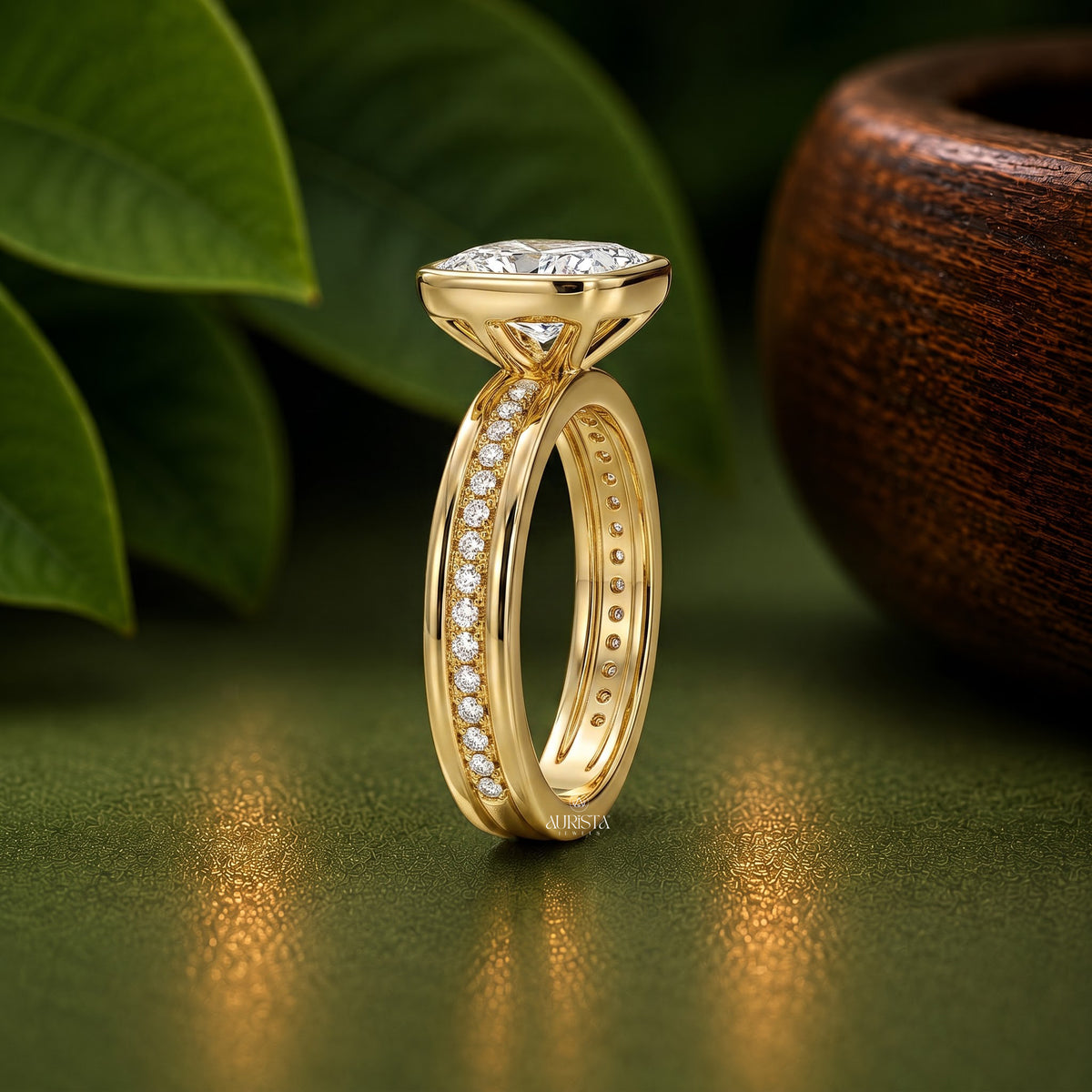 Marquise Lab Grown Diamond Ring, Bezel Setting Pave Side Stones, Yellow Gold Ring