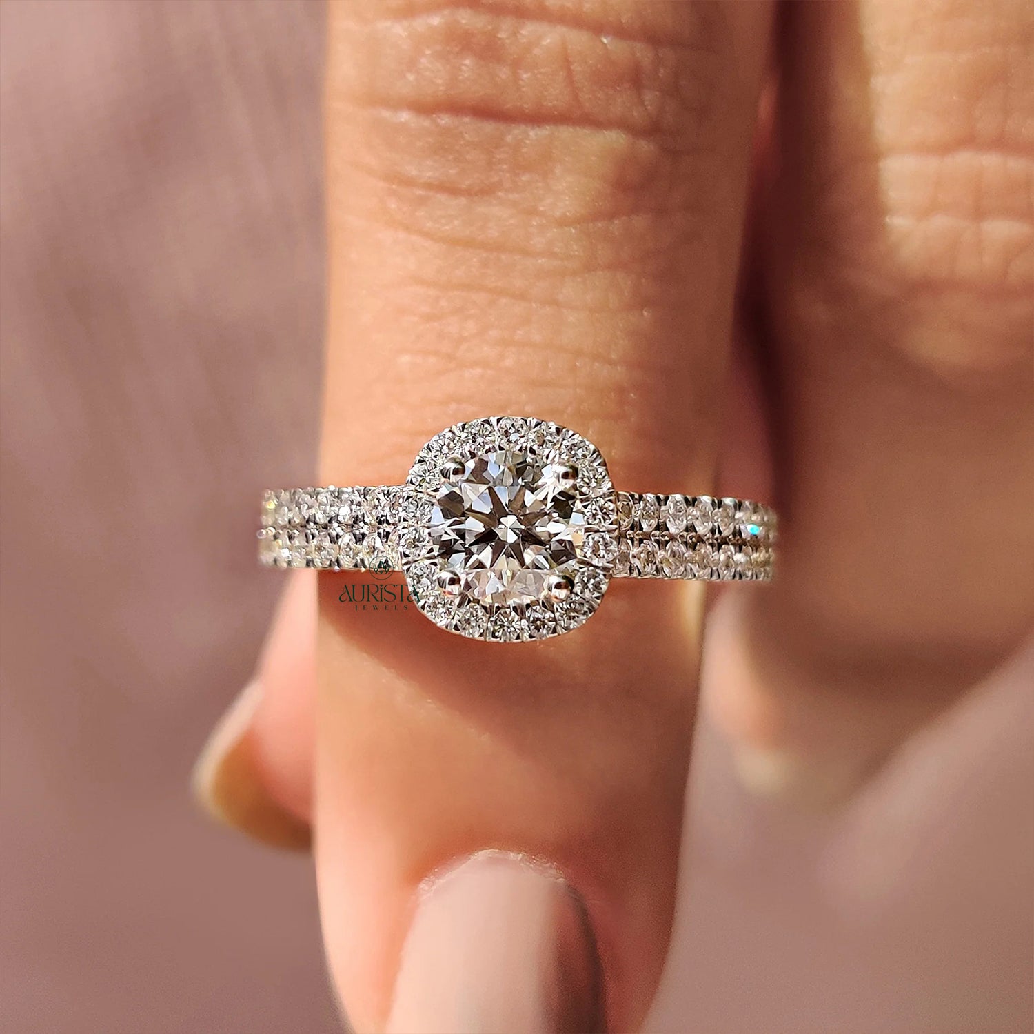 Floating Round Halo Diamond Ring with Double Row Pave