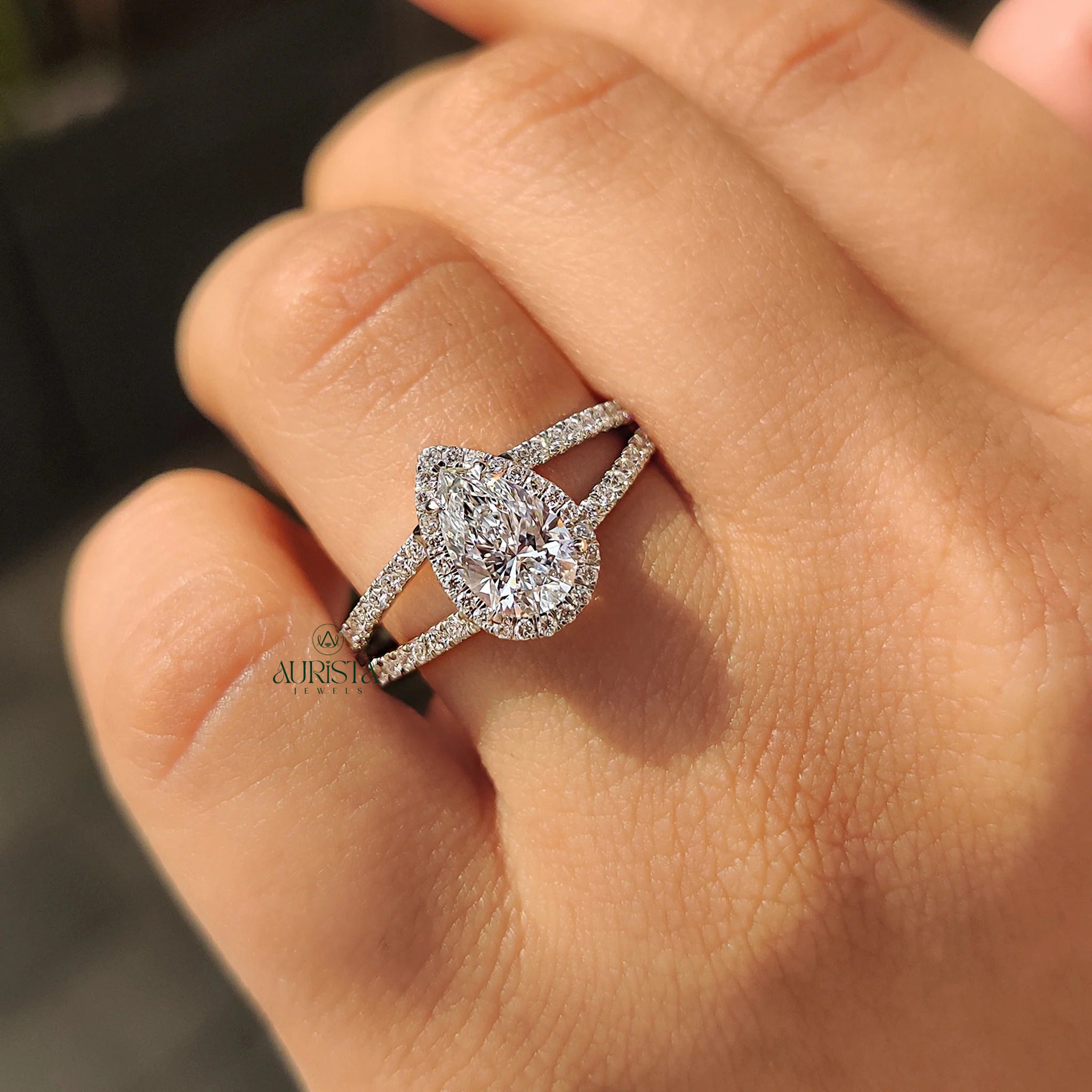 Pear Cut Diamond Halo Split Shank Ring