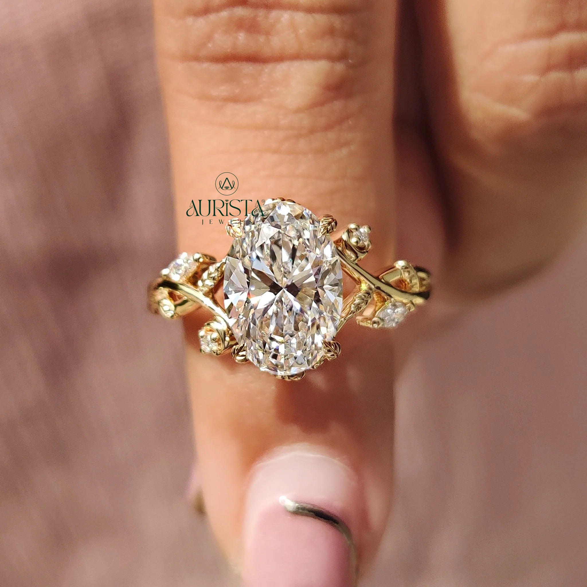Oval Cut Diamond Vine Ring with Leaf Accent Side Stones