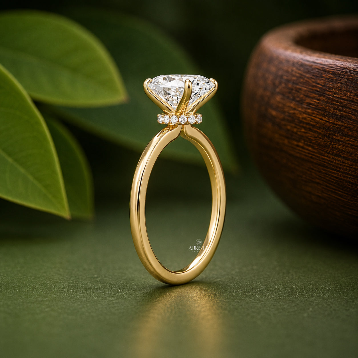 2 CT Oval Lab Grown Diamond Ring, Hidden Halo Engagement Ring, Solitaire Gold Band