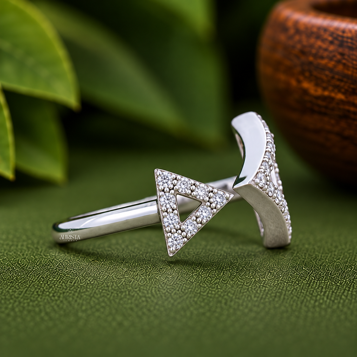 Triangle Shaped Lab Grown Diamond Open Ring, Round Diamond,Geometric Statement Band