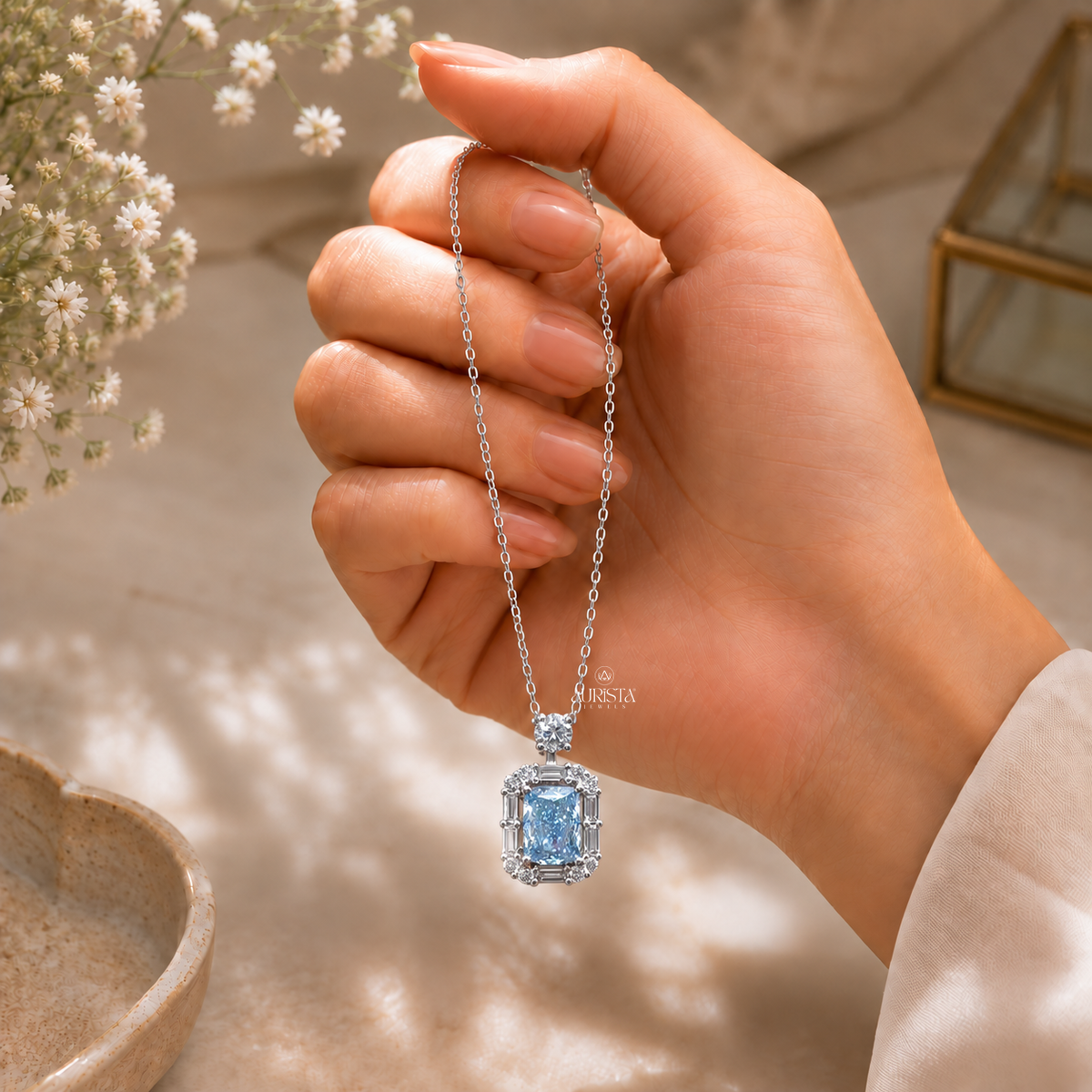 Sky Color Diamond Halo Pendant Necklace Lab Grown in Diamond Silver Fine Jewelry