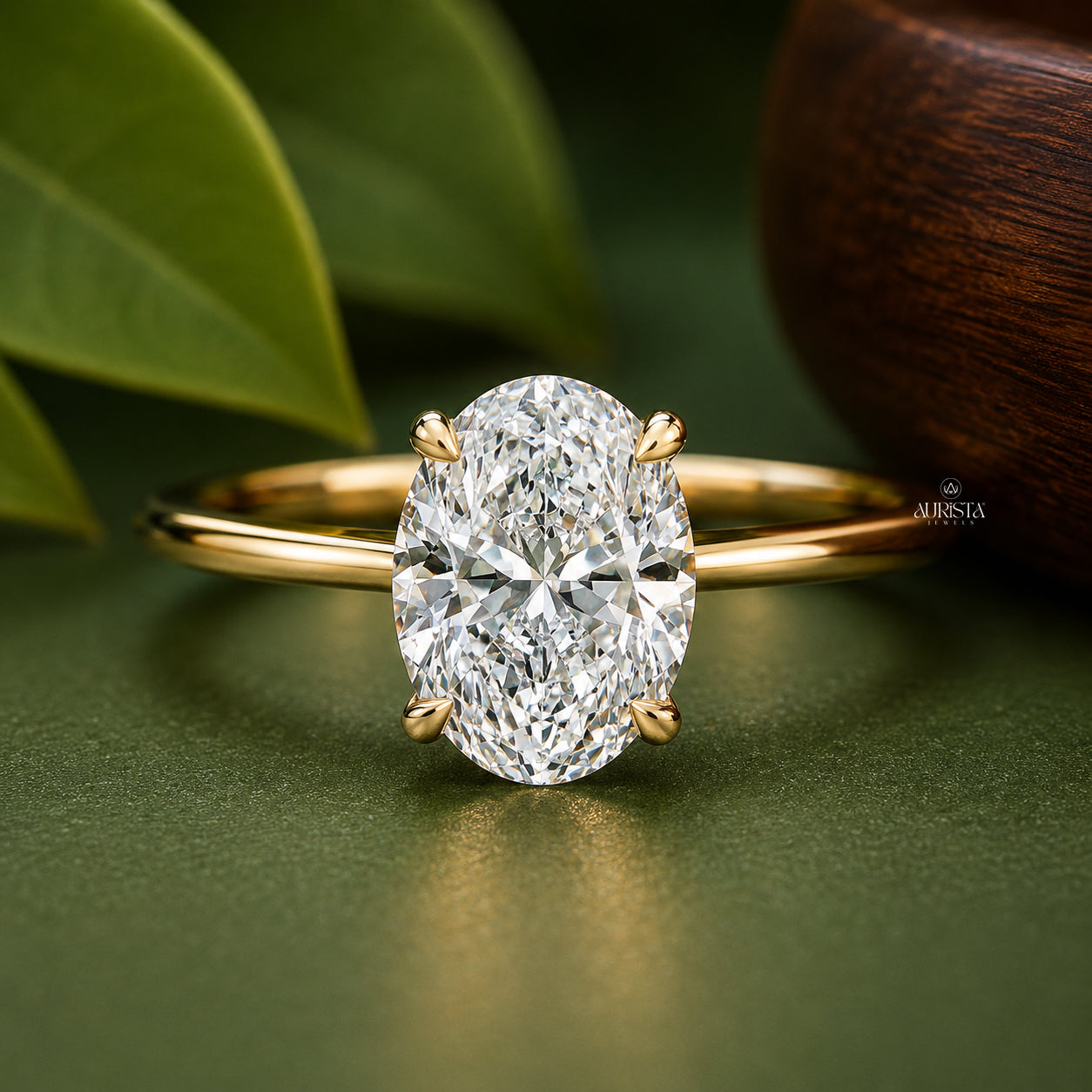 2CT Oval Lab Grown Diamond Engagement Ring, 14k Yellow Gold Hidden Halo Solitaire