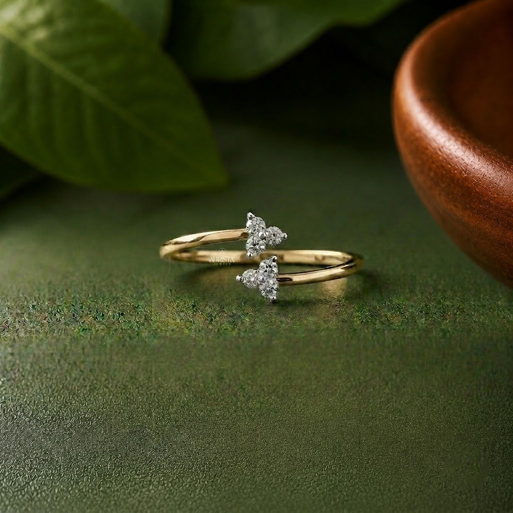 Lab Grown Diamond Gold Cluster Ring Asymmetrical Bypass Band Modern Stacking Ring