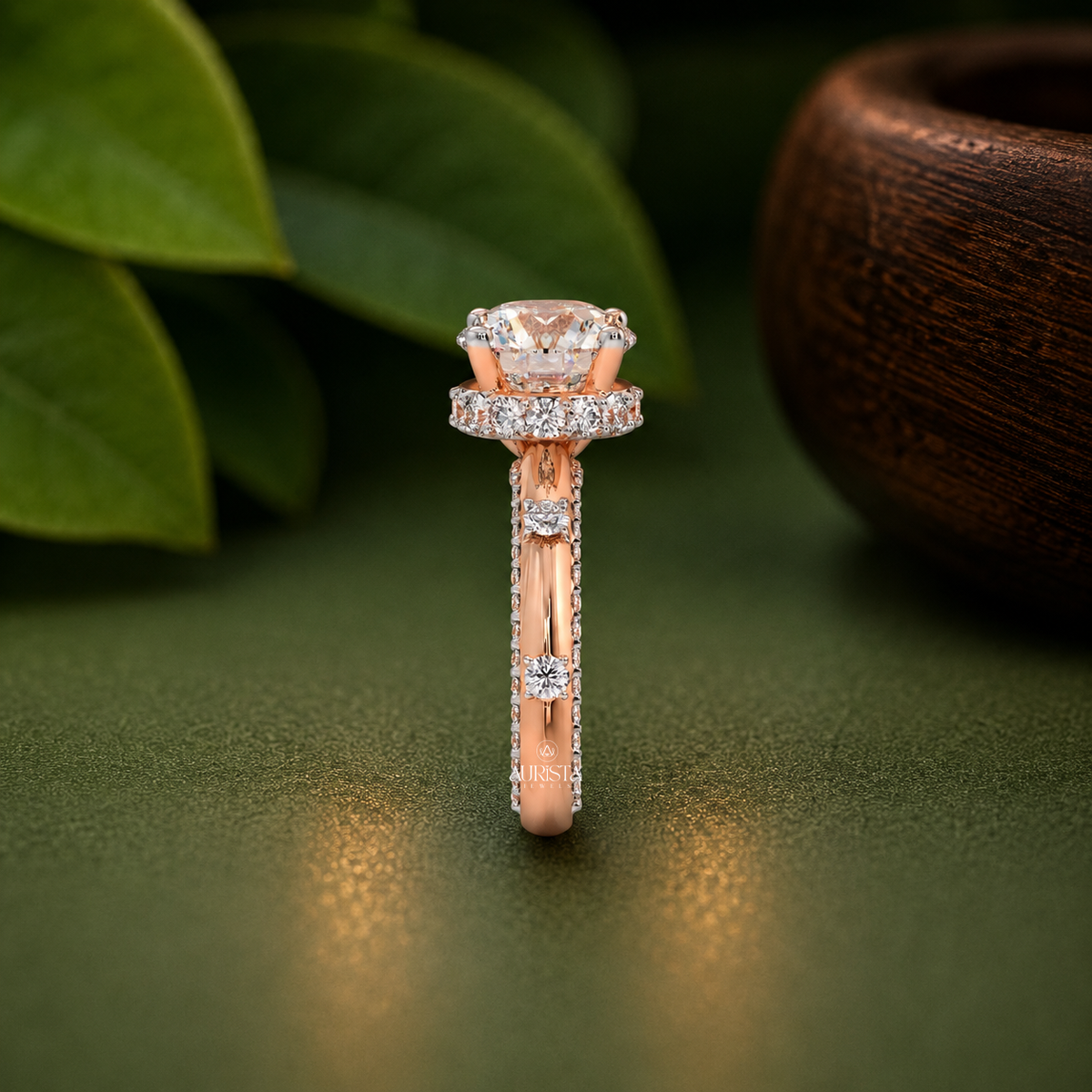 Round Moissanite Diamond Ring, Rose Gold Engagement Ring With Hidden Halo Side Stones