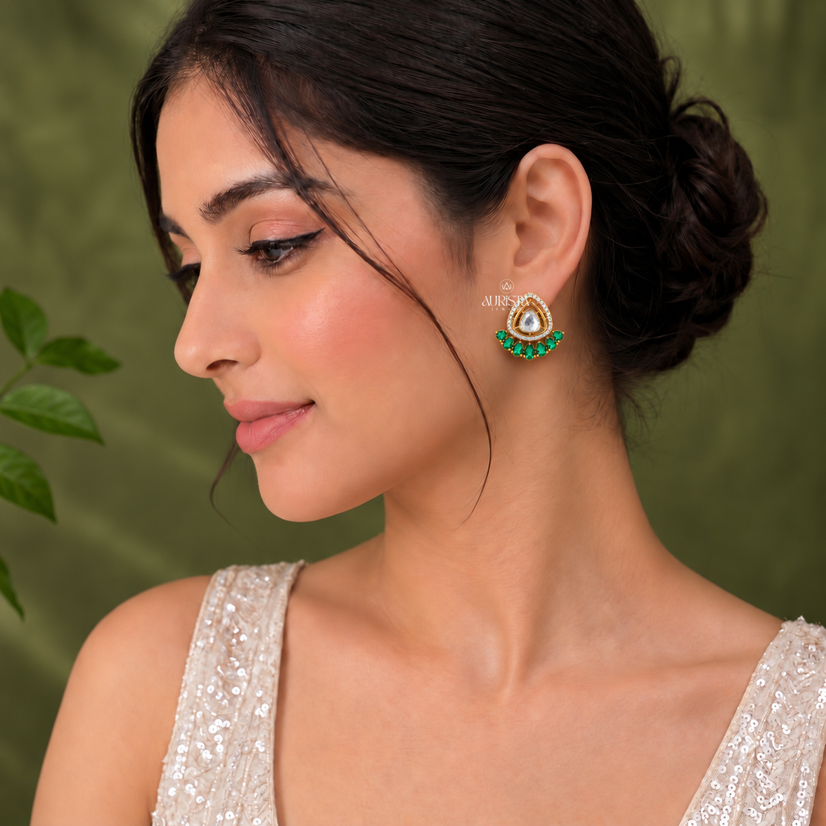 Traditional Polki & Green Gemstone Cluster Earrings Lab Grown in Diamond Designer Studs