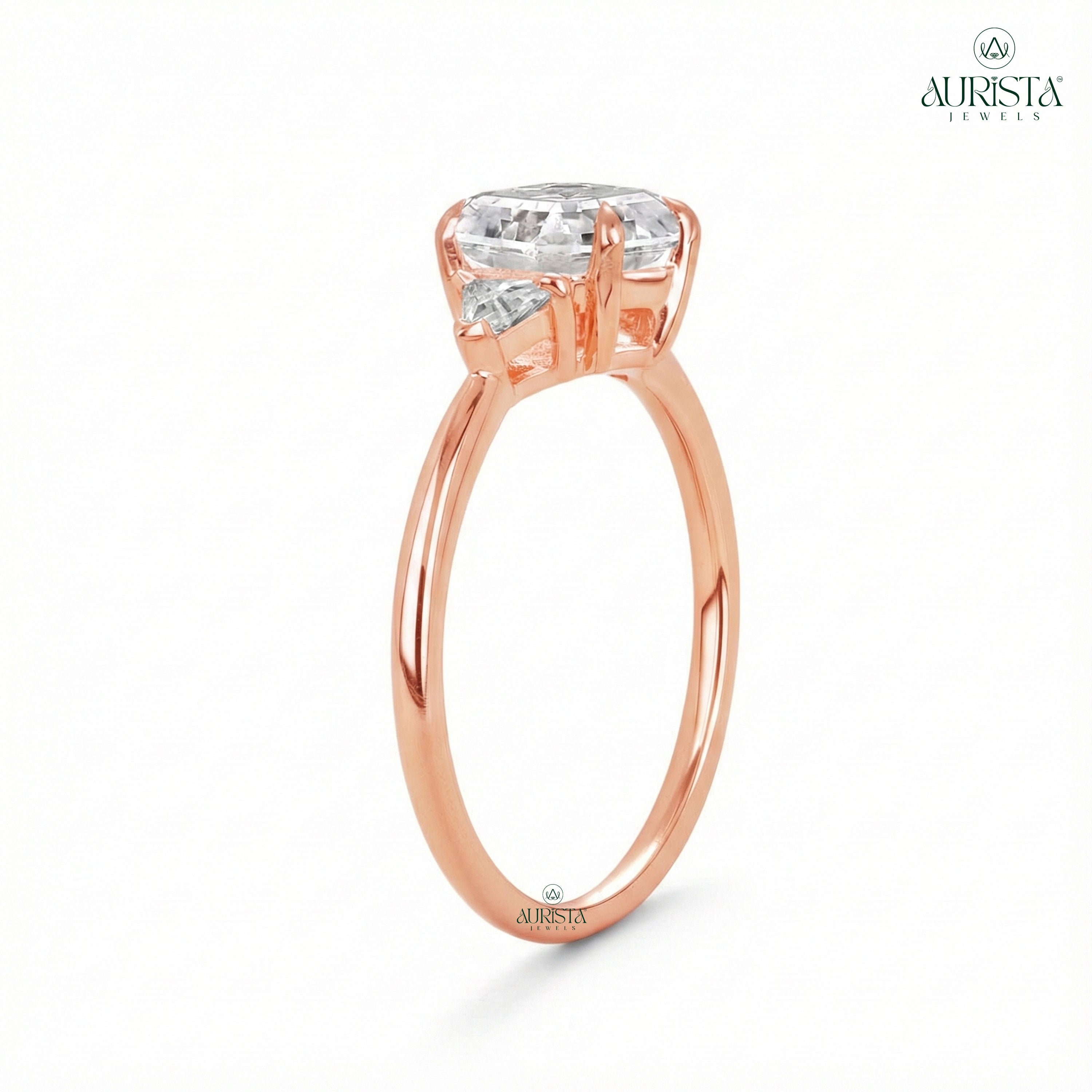 Hexagon Moissanite Diamond Ring, Rose Gold Three Stone Ring With Trillion Side Stones
