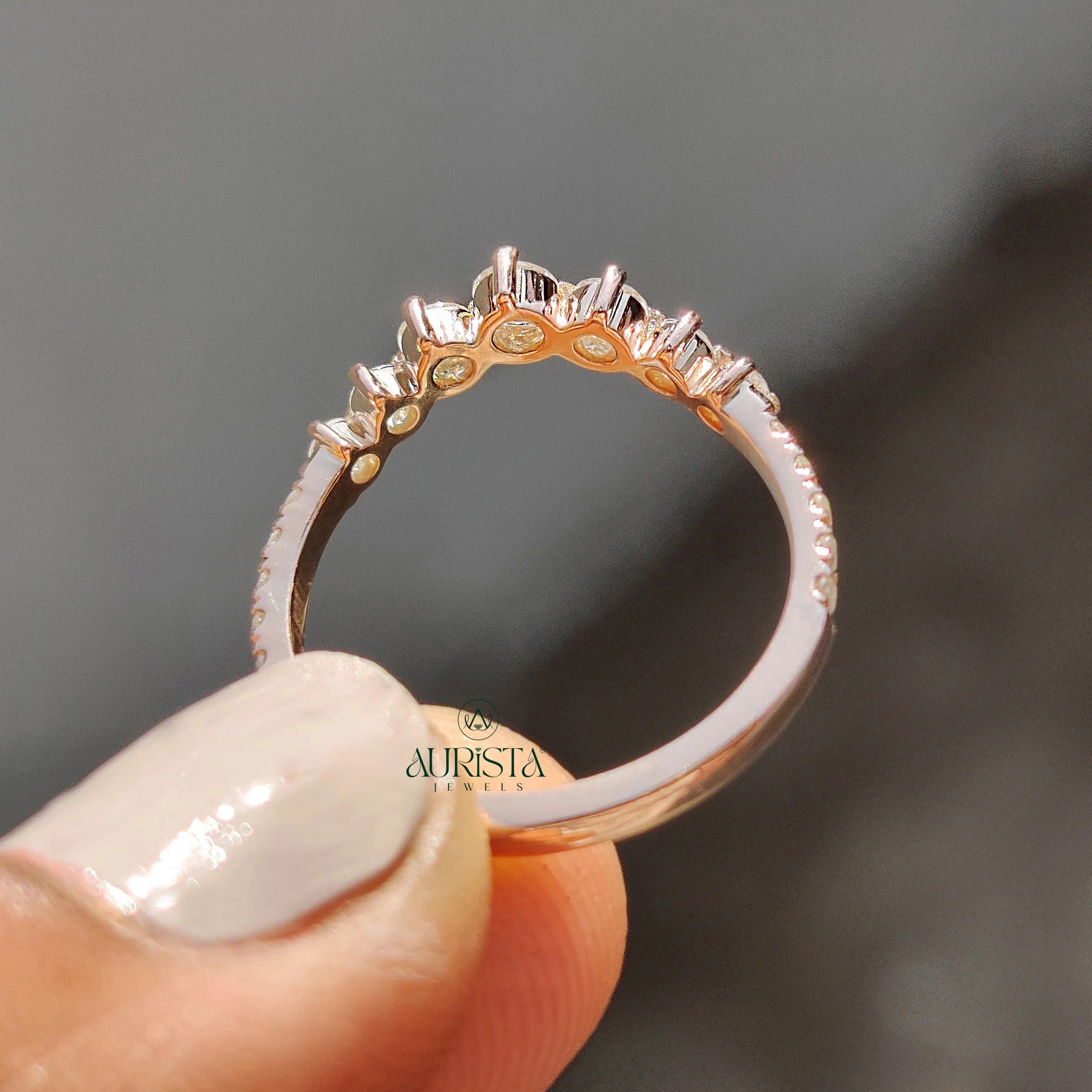 Moissanite Diamond Chevron Stackable Wedding Ring Rose Gold Dainty Curved Band