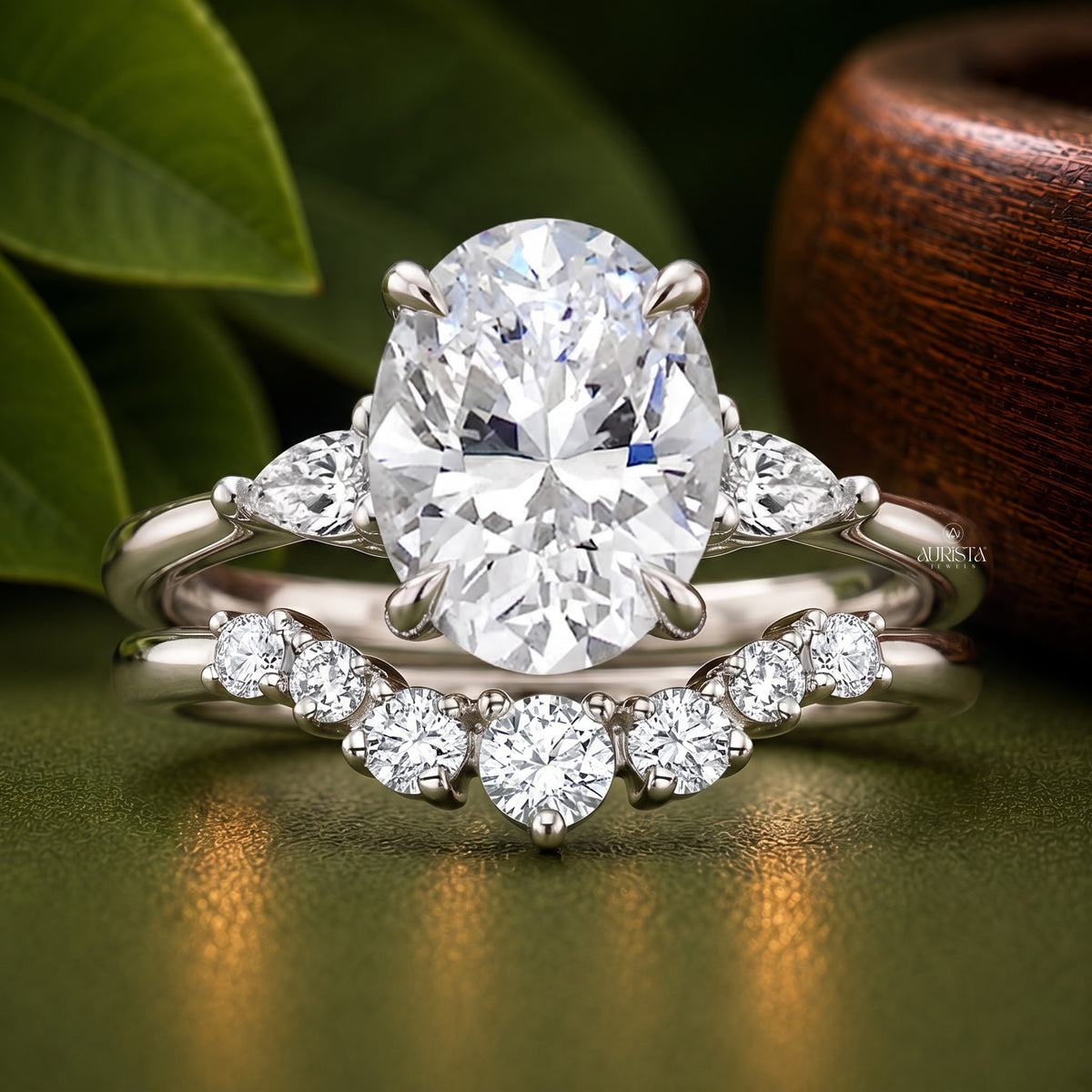 Oval Moissanite Diamond Ring Set, White Gold Three Stone With Curved Pave Band Ring