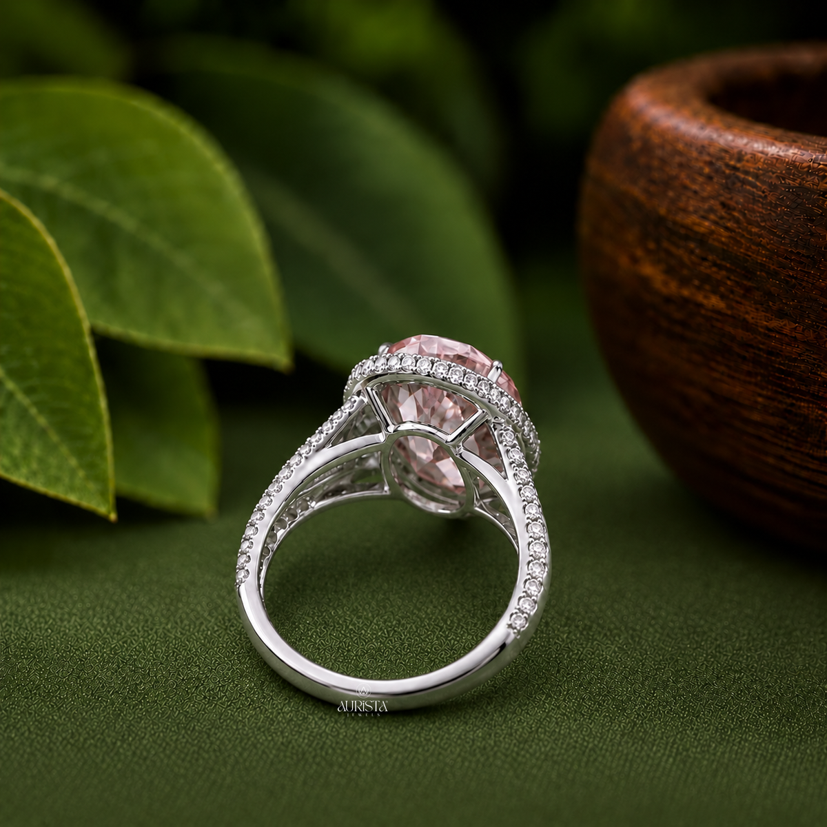 Lab Grown in Diamond Pink Oval Halo Engagement Ring Split Shank Statement Band