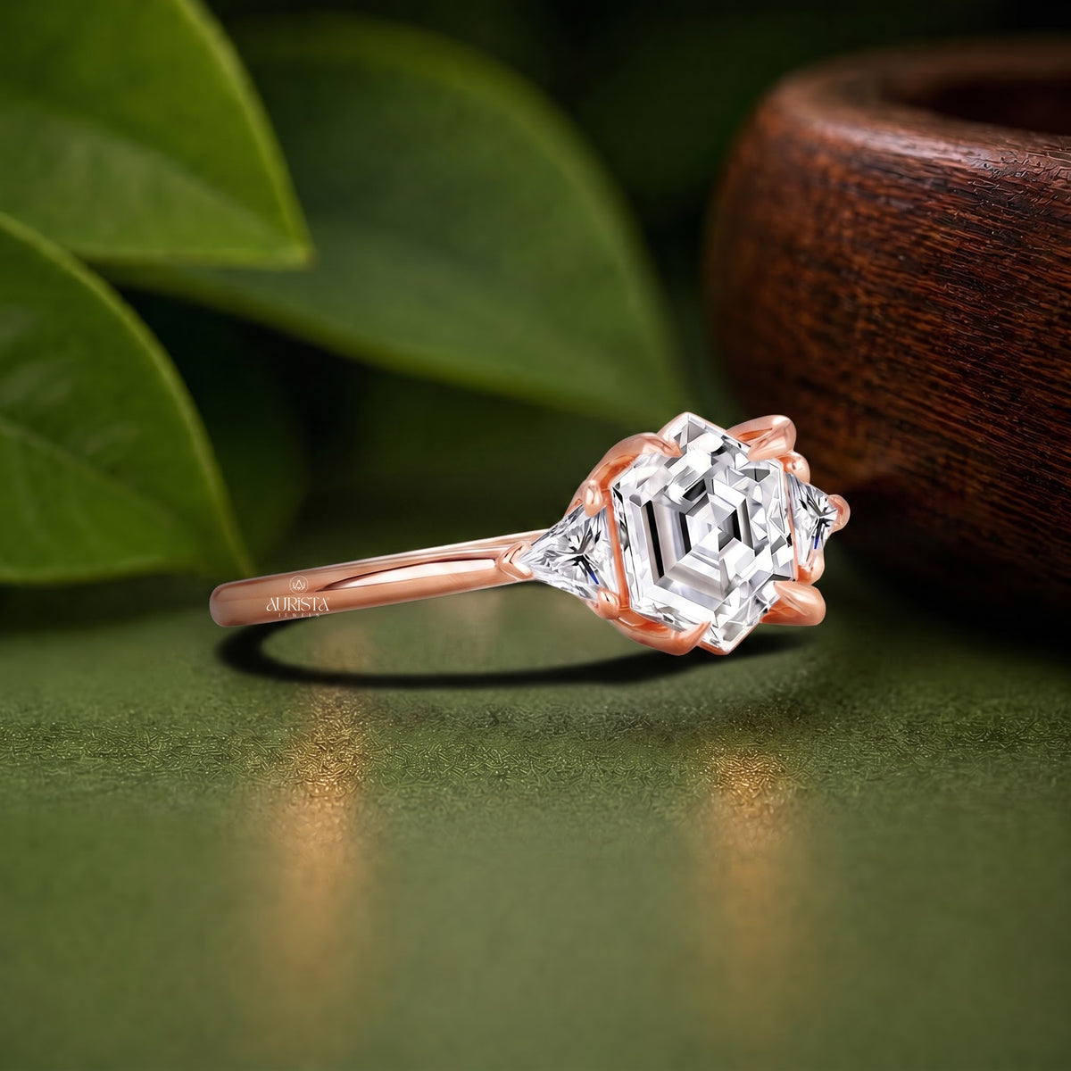 Hexagon Lab Grown Diamond Ring, Rose Gold Three Stone Ring With Trillion Side Stones