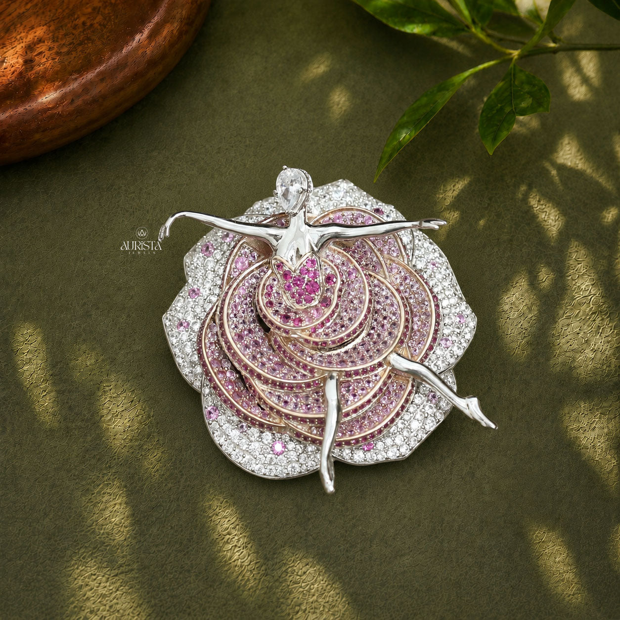 Sparkling Moissanite Ballerina Dancer Brooch - Pink & White Gemstone