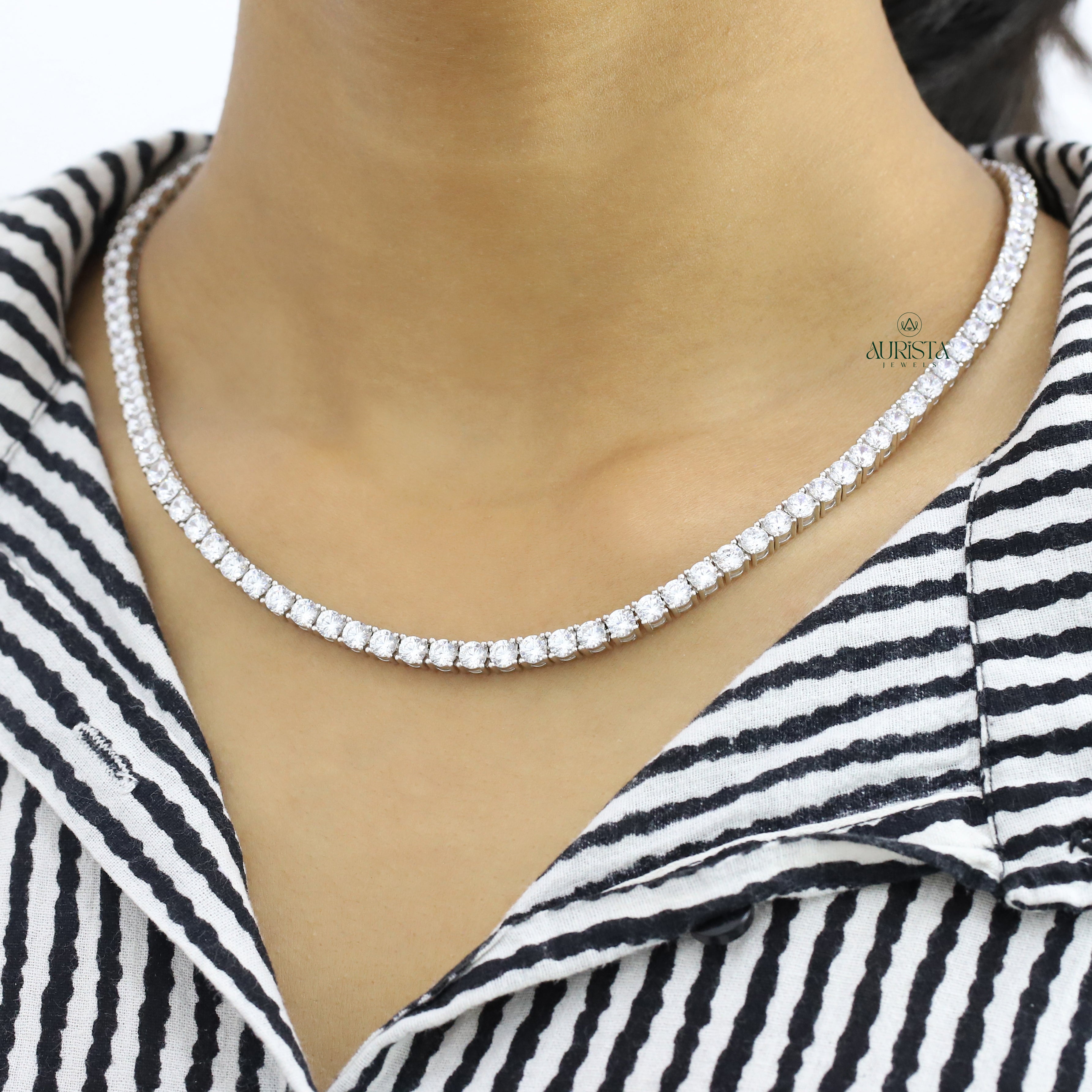 Classic Moissanite Tennis Necklace Round Cut Solitaire Chain Wedding Jewelry