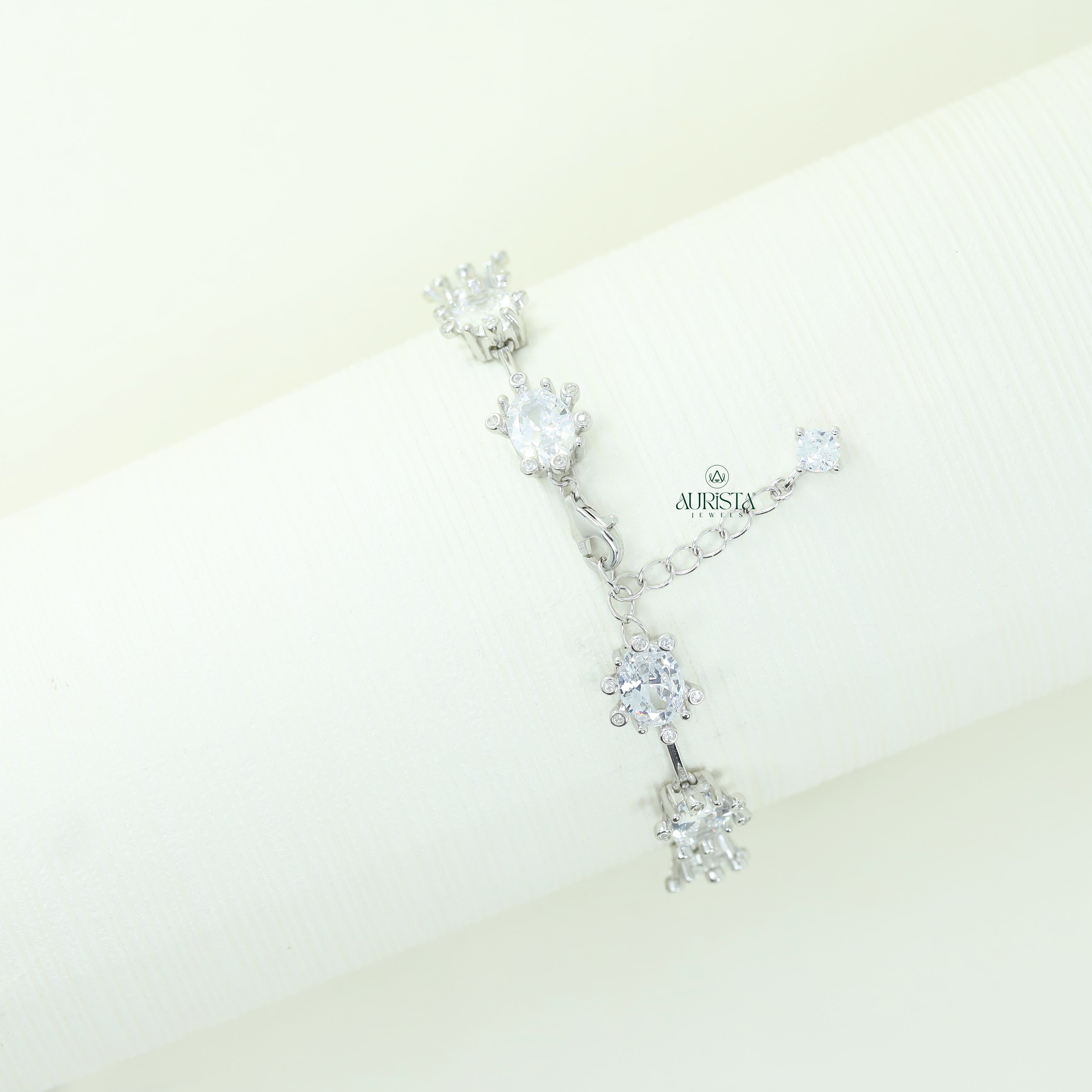 Elegant Moissanite Oval Station Bracelet, Dainty White Stone Link Bracelet