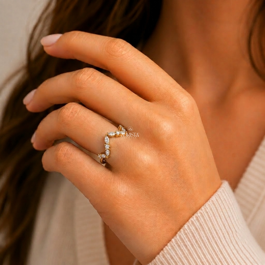 Lab Grown Diamond Gold Curved Ring V Shaped Wedding Band Contour Stacking Ring