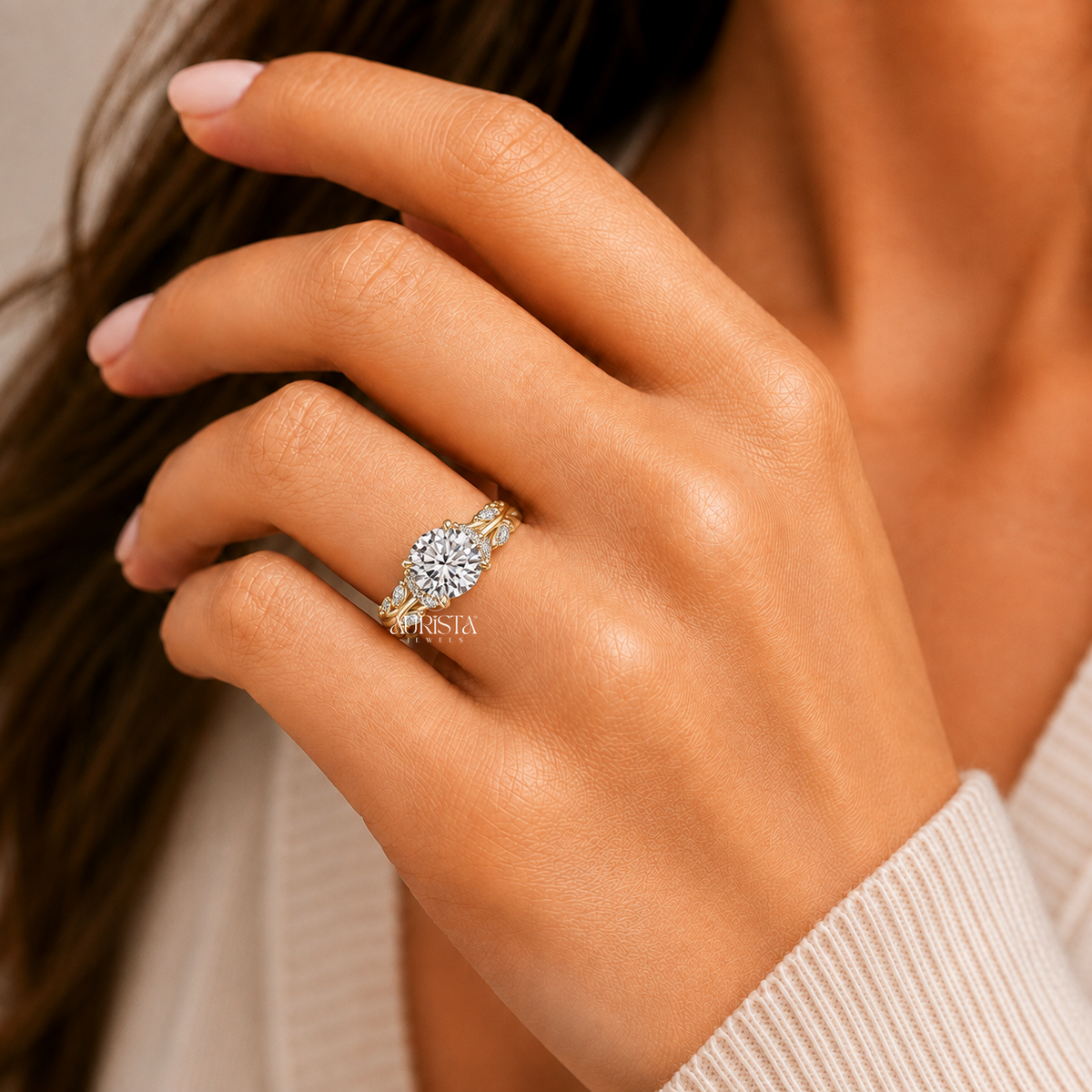 Round Lab Grown Diamond Ring, Nature Inspired Leaf Vine Band, Unique Diamond Ring