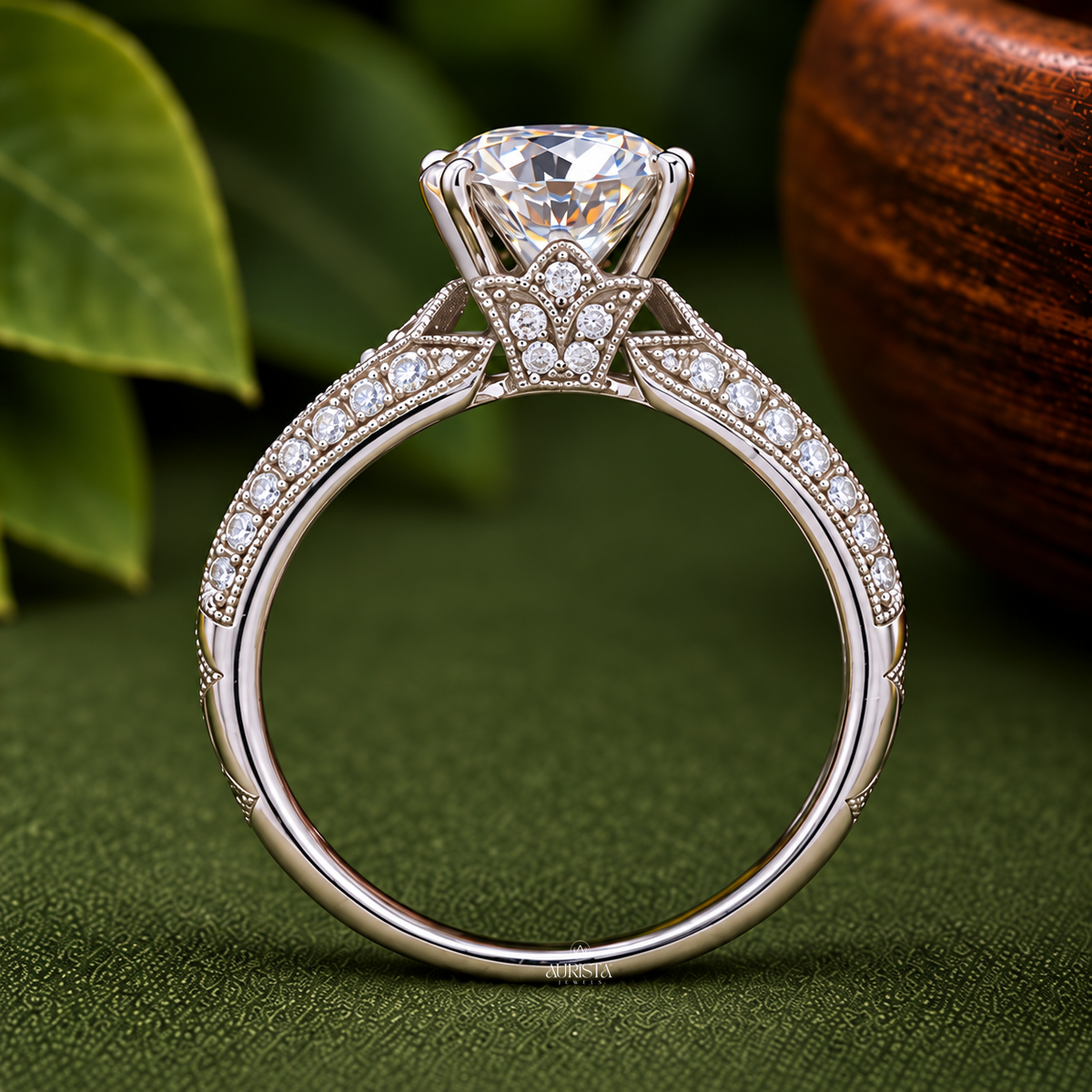 Round Cut Lab Grown Diamond Bridal Set, Vintage Style Engagement Ring & Wedding Band