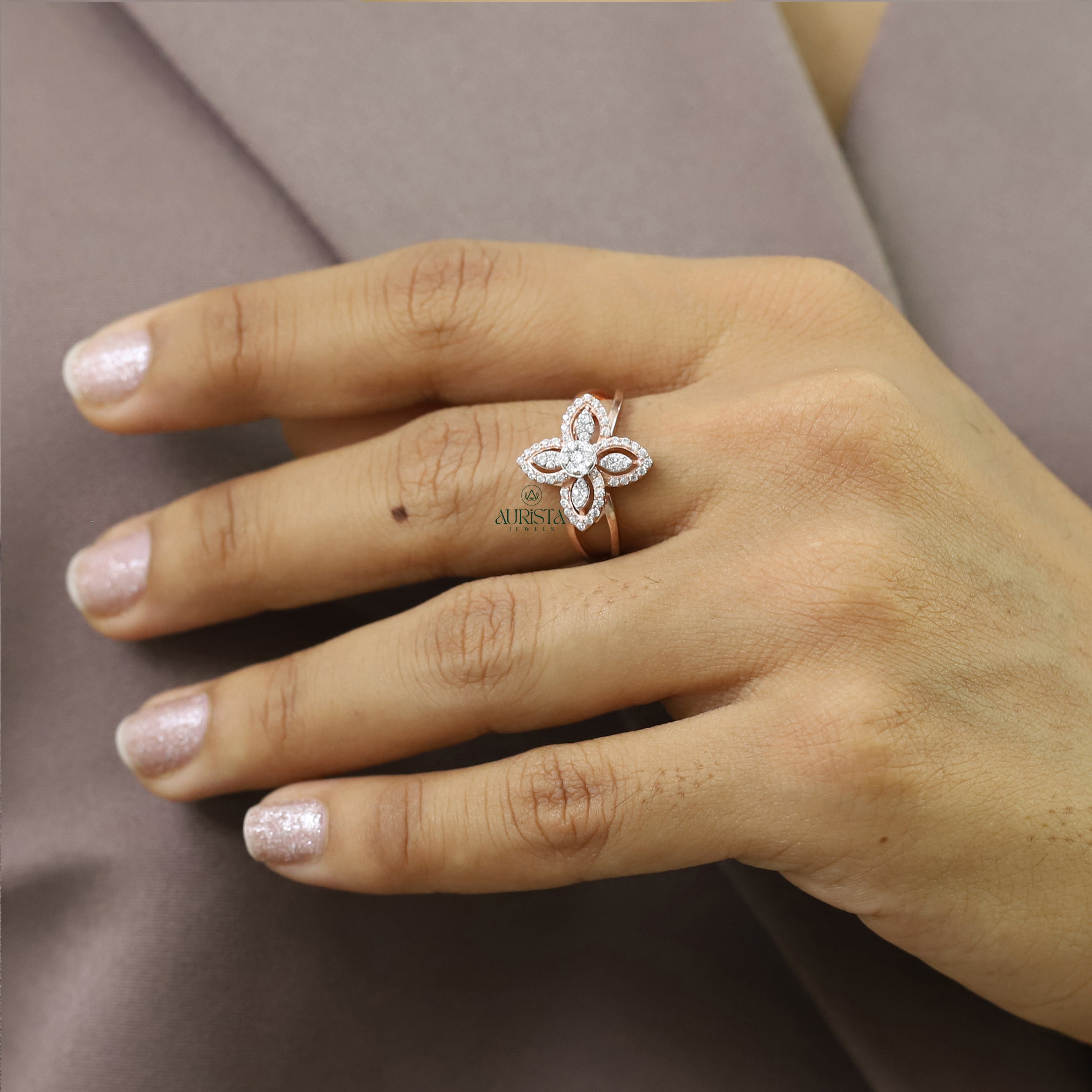 Round Diamond Shape Flower Moissanite Ring Rose Gold Floral Engagement Band Style
