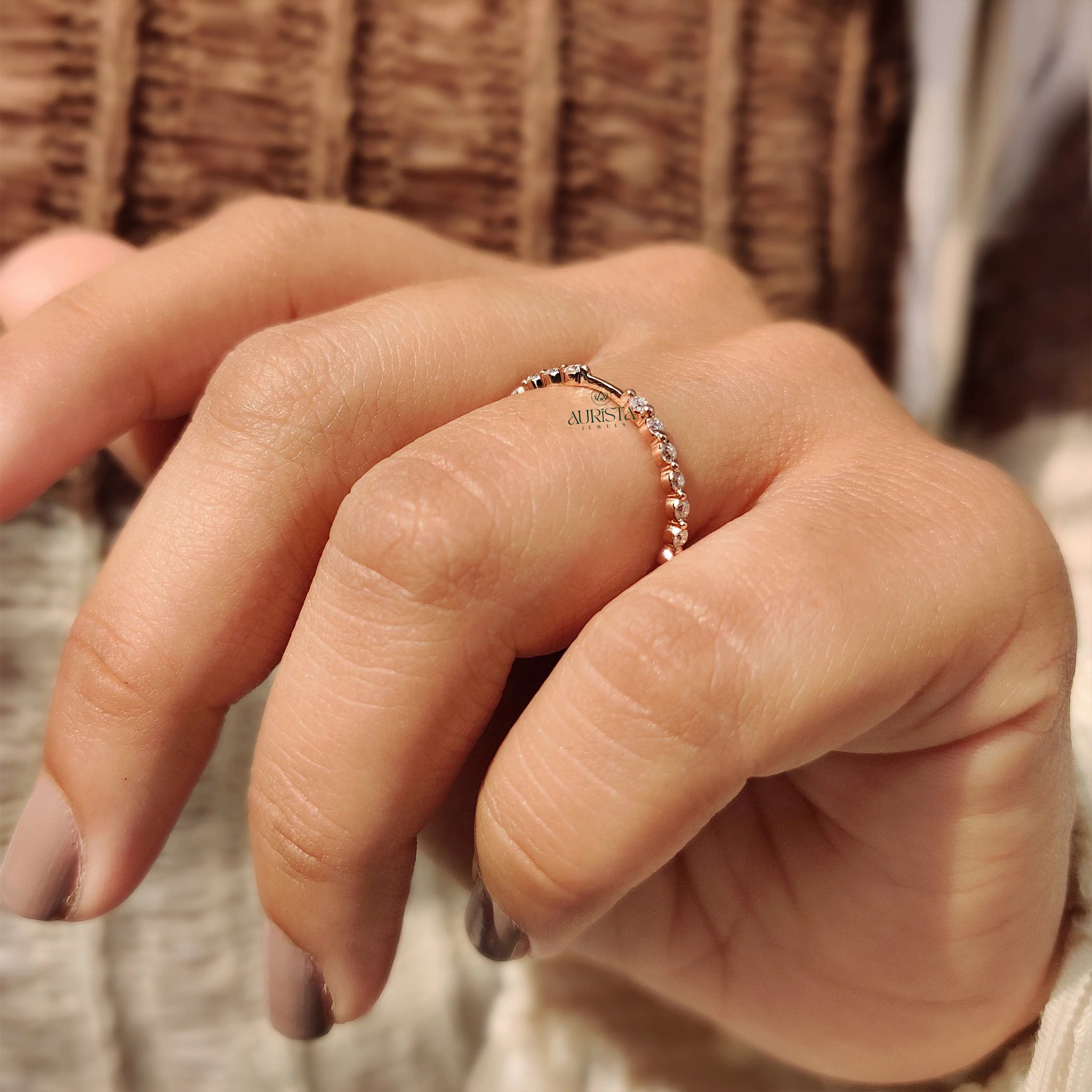 Round Moissanite Diamond Gold Band, Minimalist Stackable Ring, Delicate Jewelry Gift