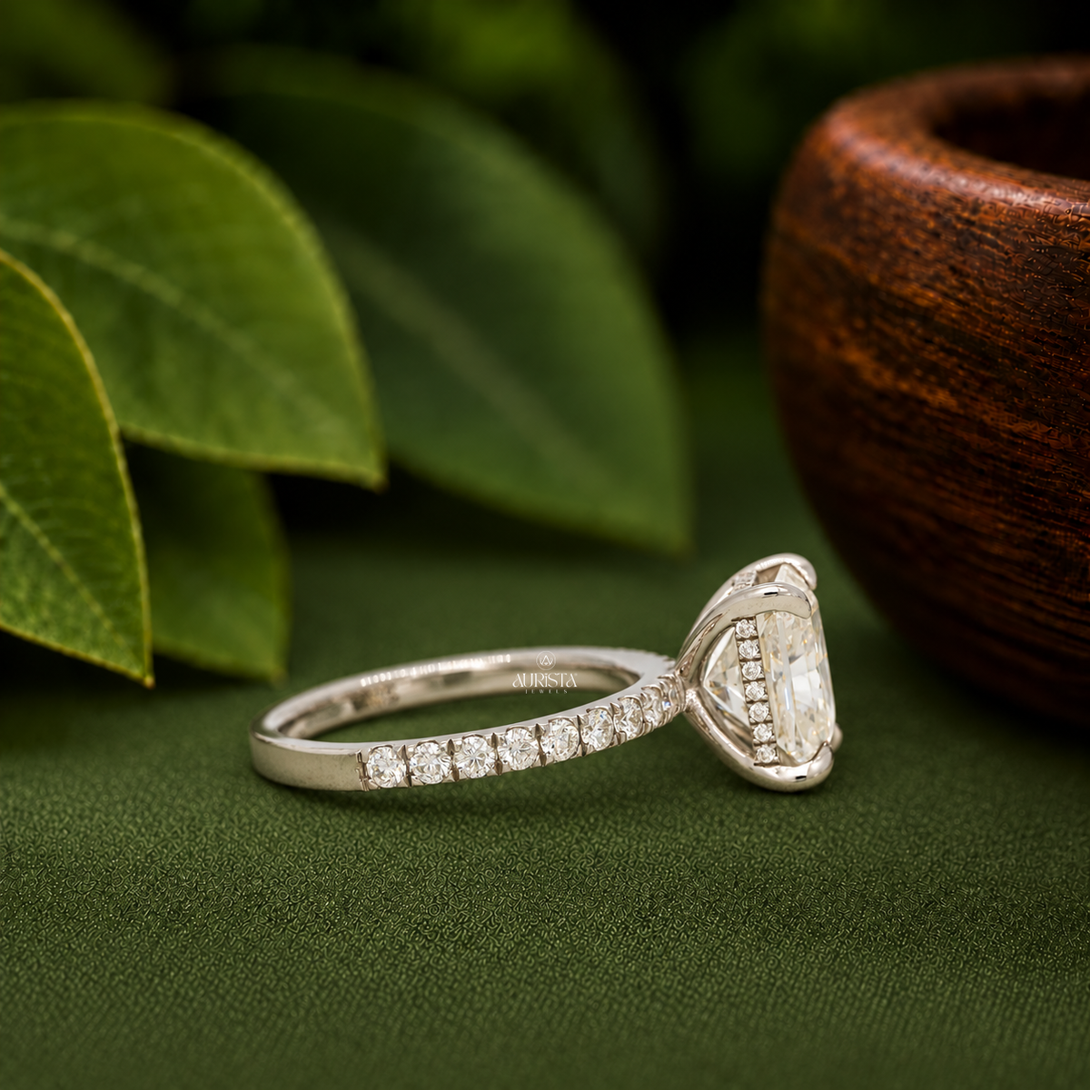 3.6 CT Radiant Cut Lab Grown Diamond Engagement Ring, Hidden Halo Pave Band